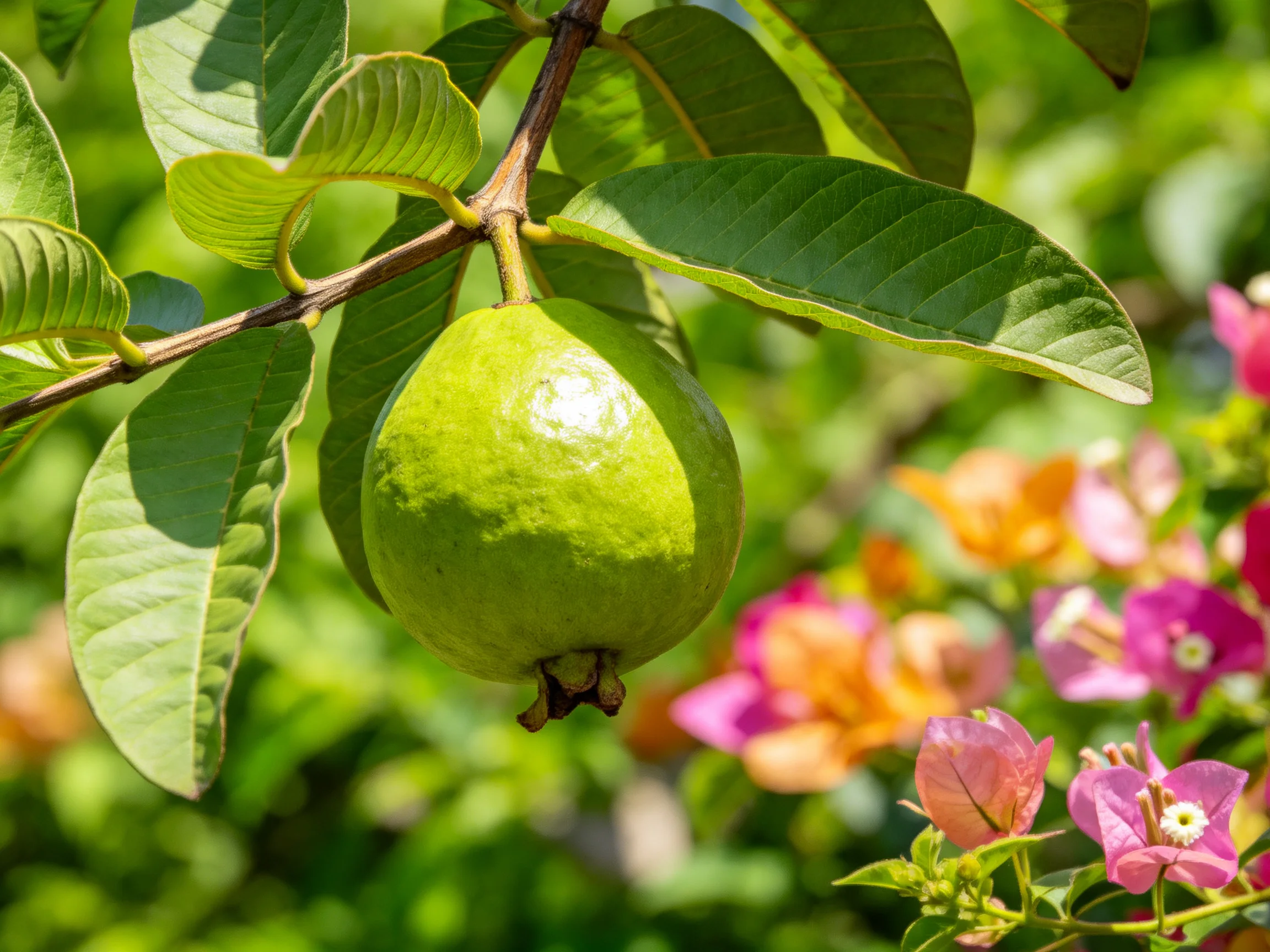 A vibrant green guava hangs from a branch amid colorful blooms