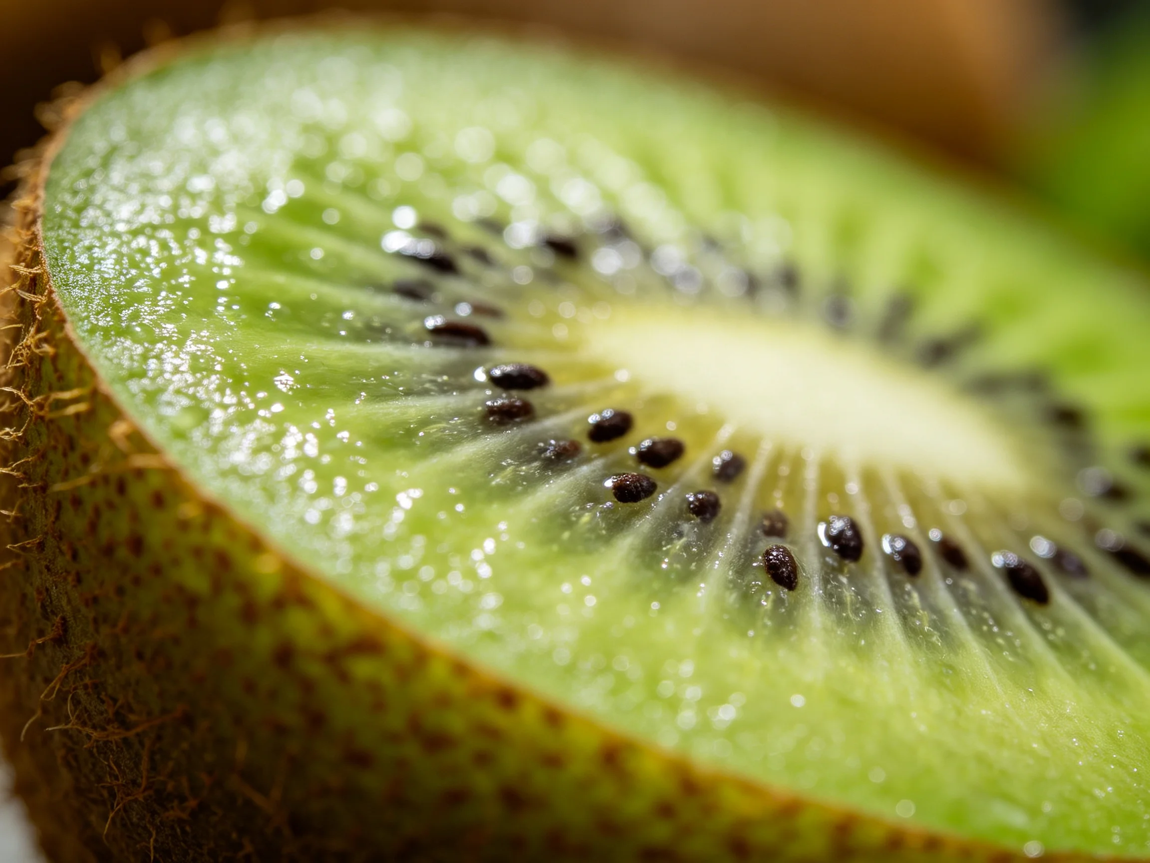 A vibrant green kiwi fruit half with textured brown skin and dark seeds