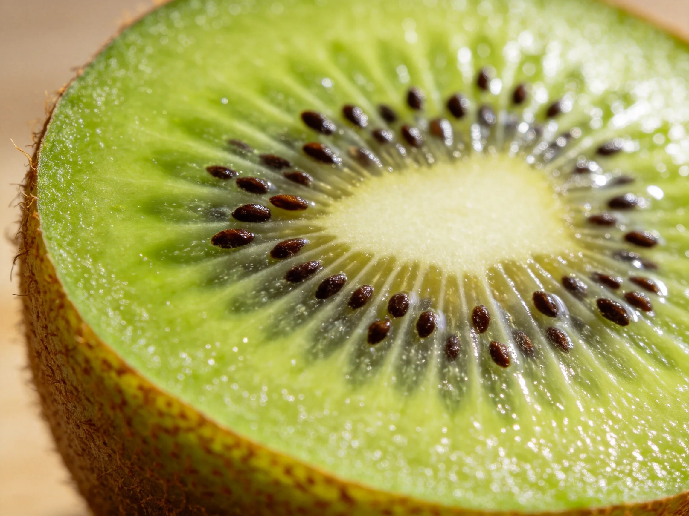 A vibrant green kiwi fruit slice with dark seeds and textured rind
