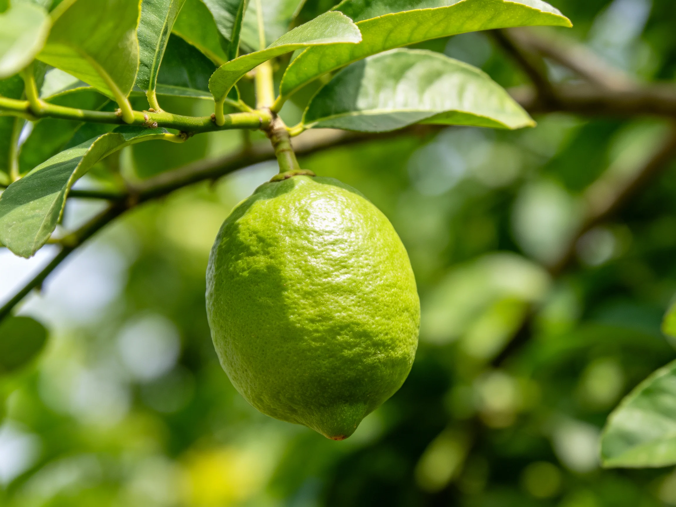 A vibrant green lemon hangs from a leafy citrus tree branch