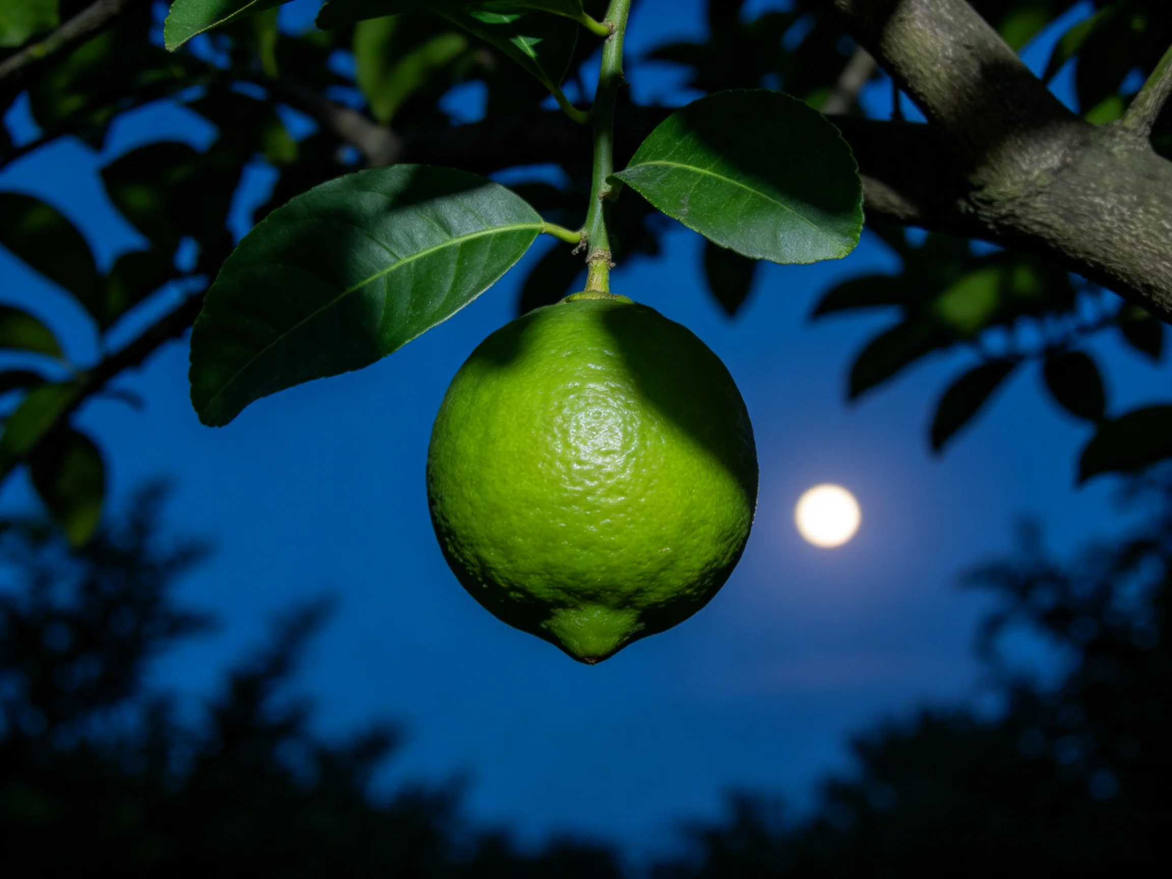 A vibrant green lime hangs from a tree branch near a glowing moon