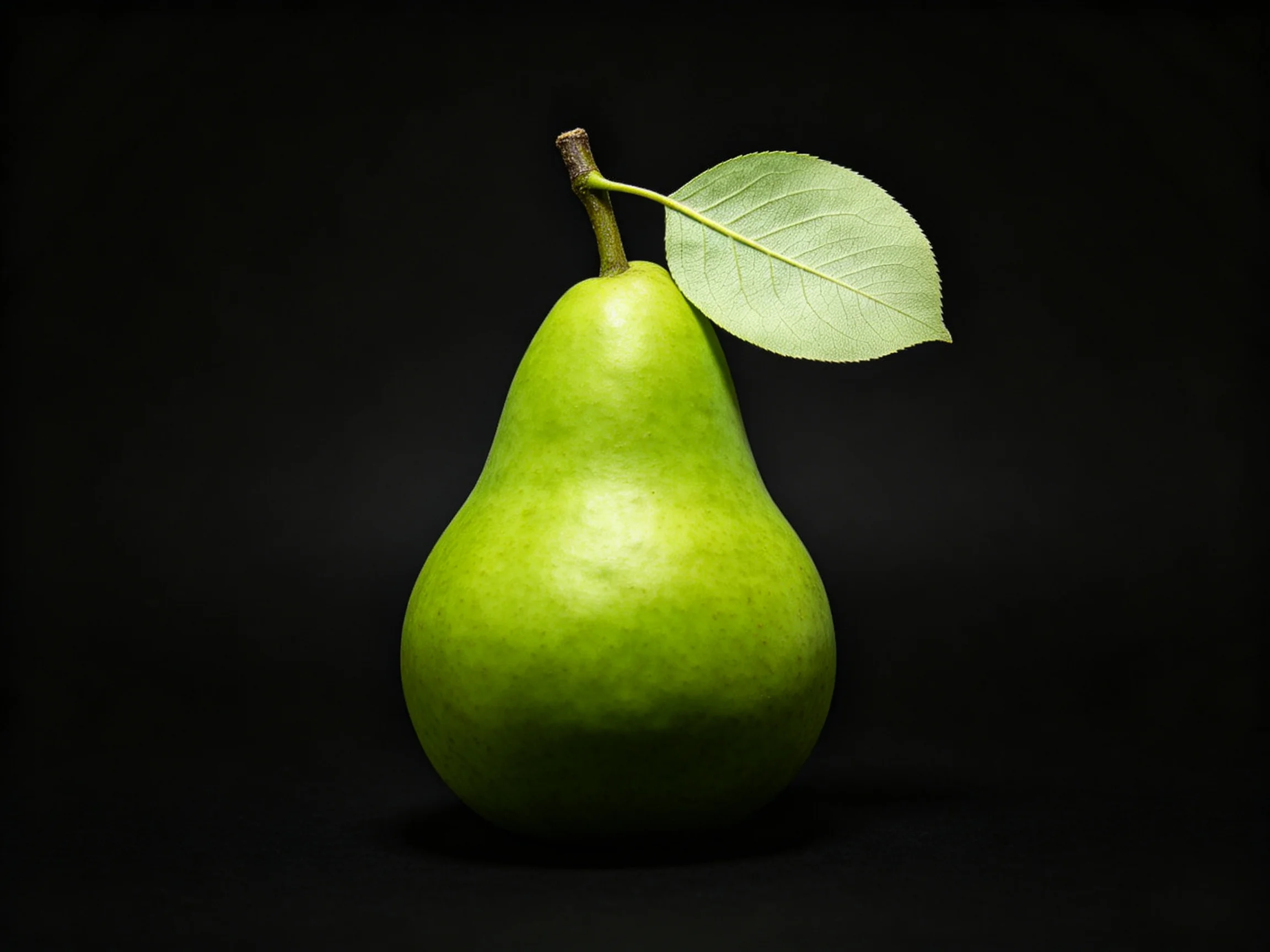 A vibrant green pear with a single leaf against a black background