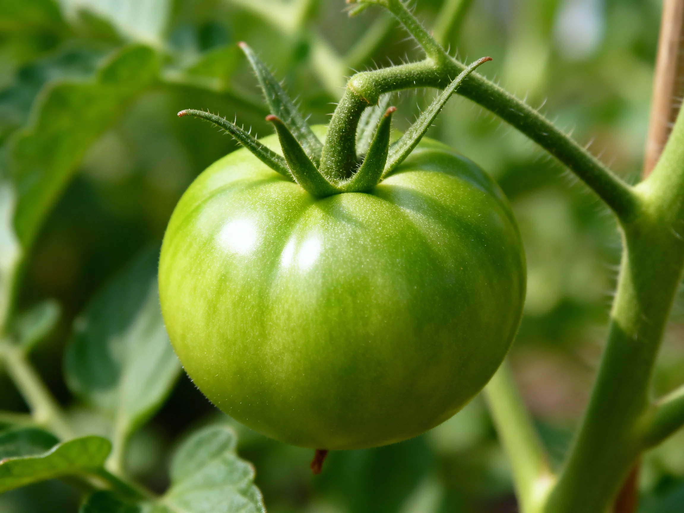 A vibrant green unripe tomato hangs from a leafy vine