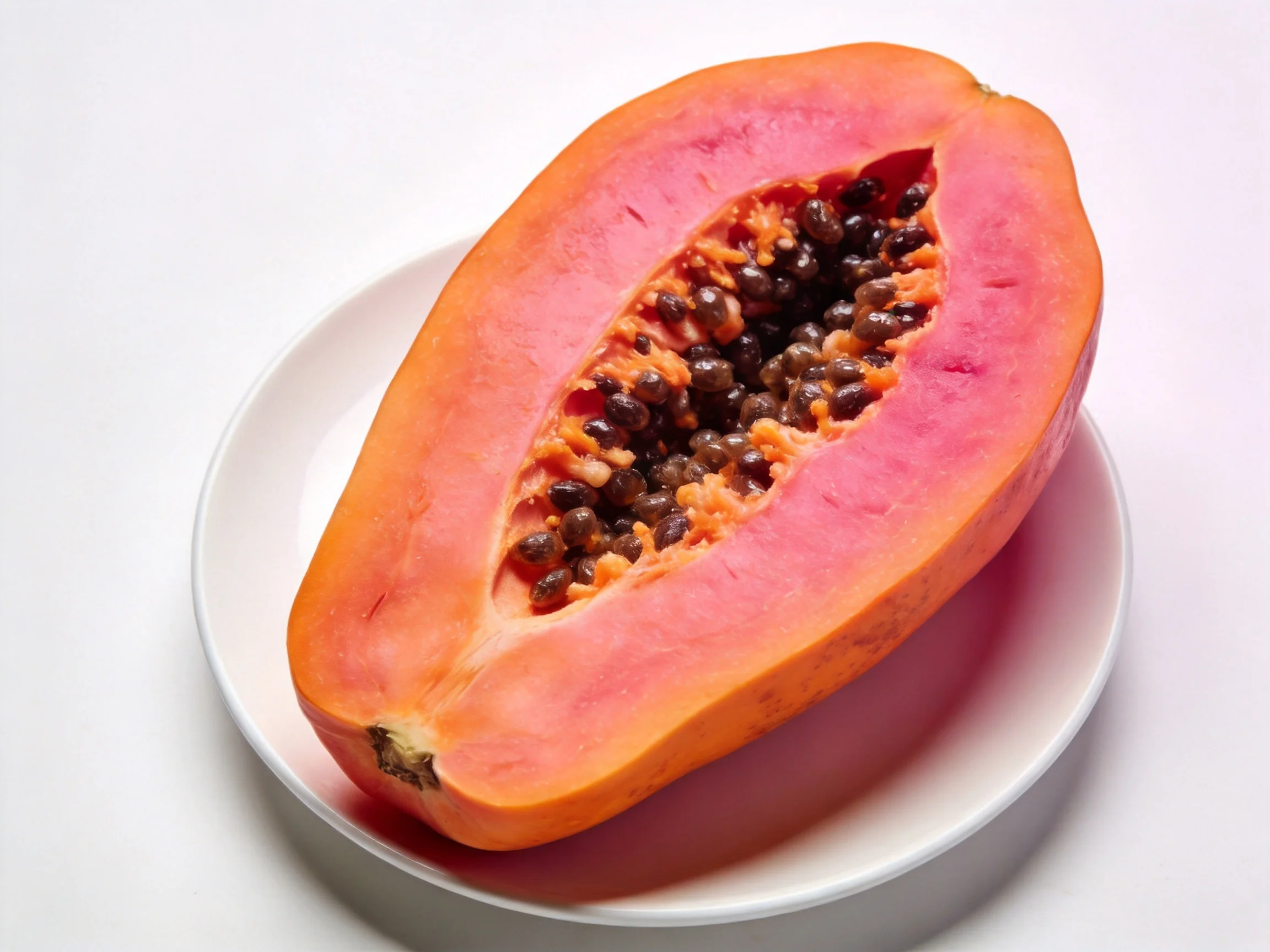 A vibrant halved papaya with pink flesh and orange skin on a white plate