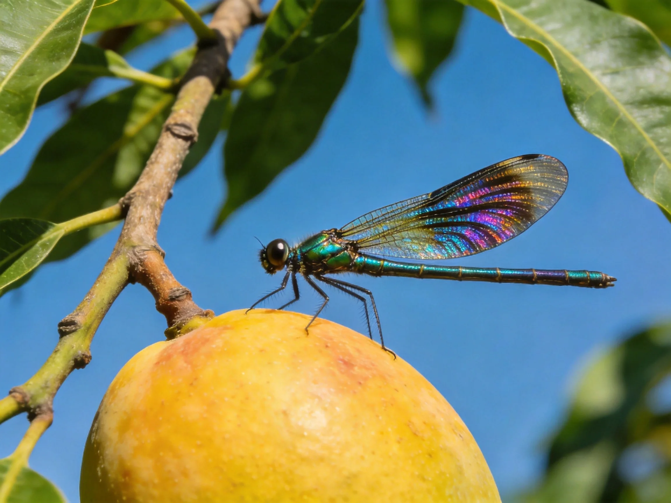 A vibrant iridescent dragonfly perches on a golden fruit