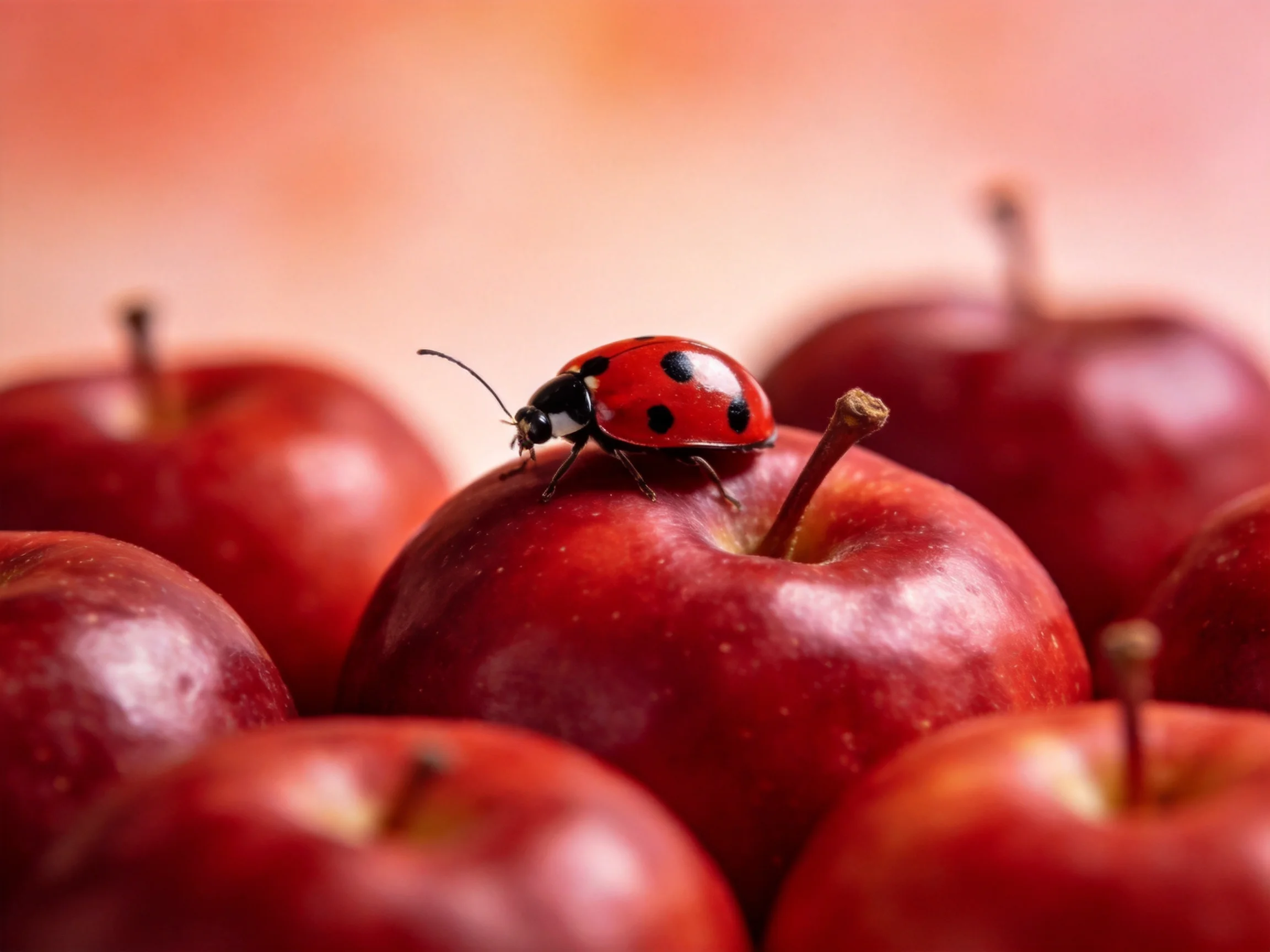 A vibrant ladybug rests atop glossy red apples with soft focus background