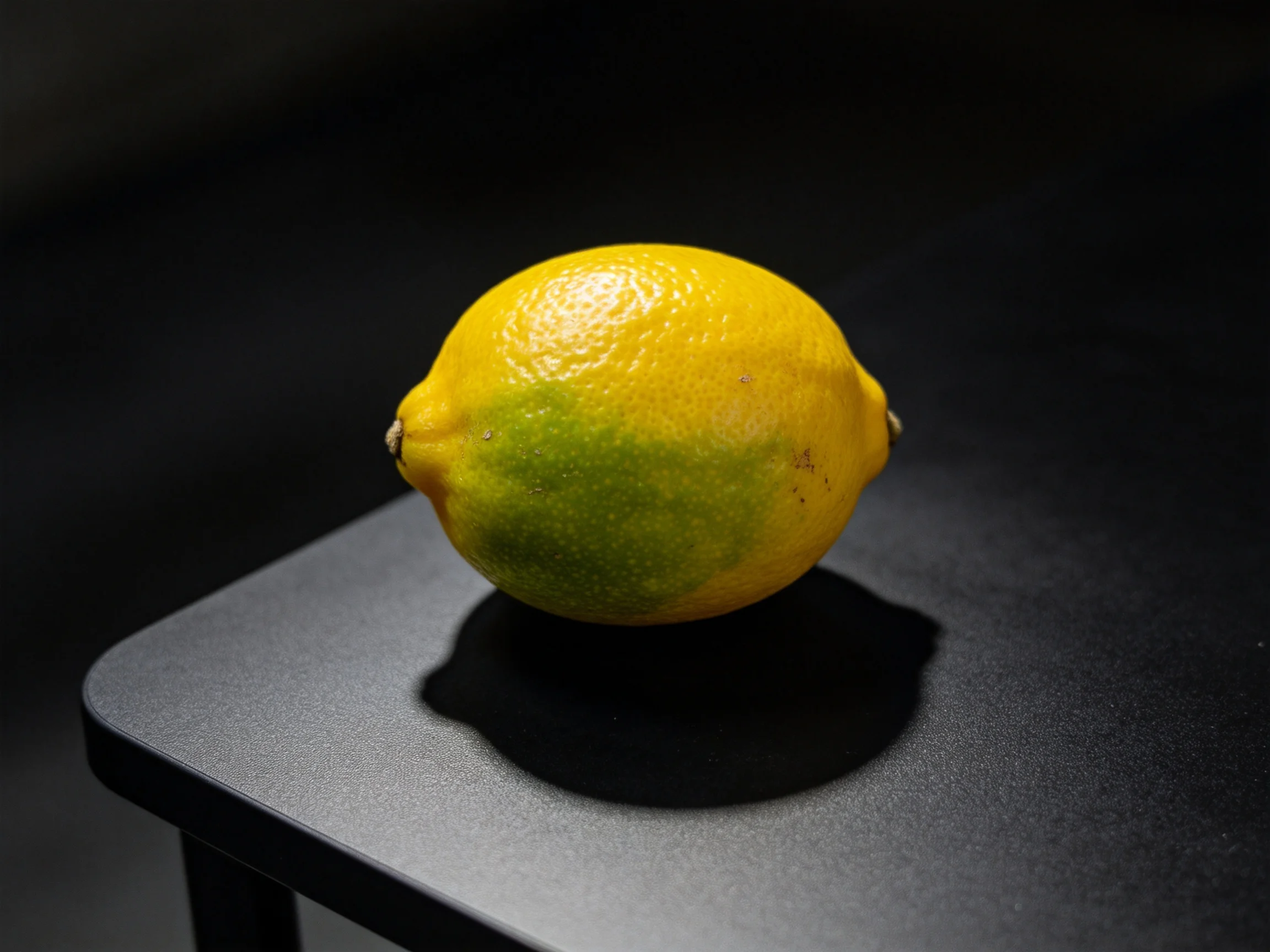 A vibrant lemon with yellow and green hues rests on a dark surface