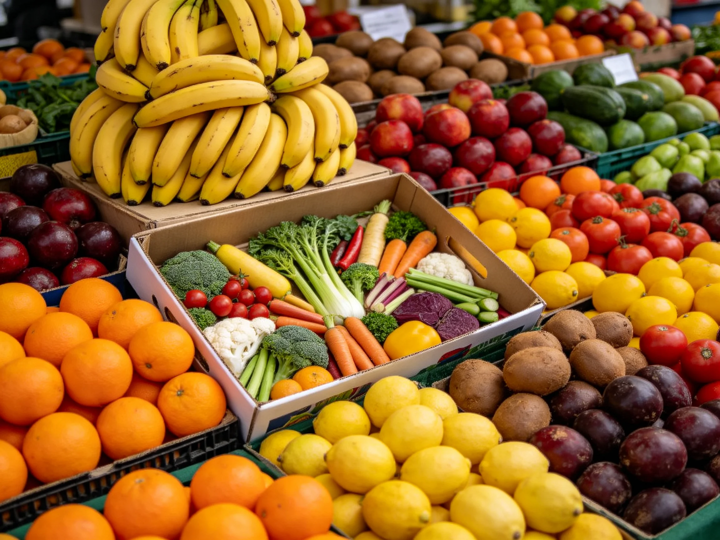 A vibrant market stall featuring stacked bananas and diverse produce