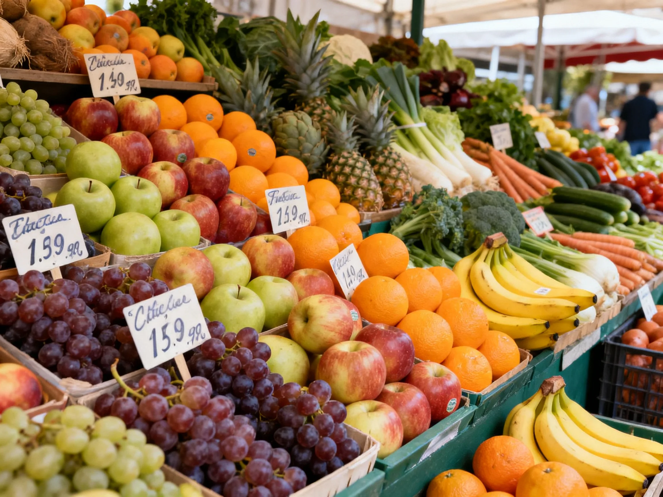 A vibrant market stall showcasing diverse fruits and veggies