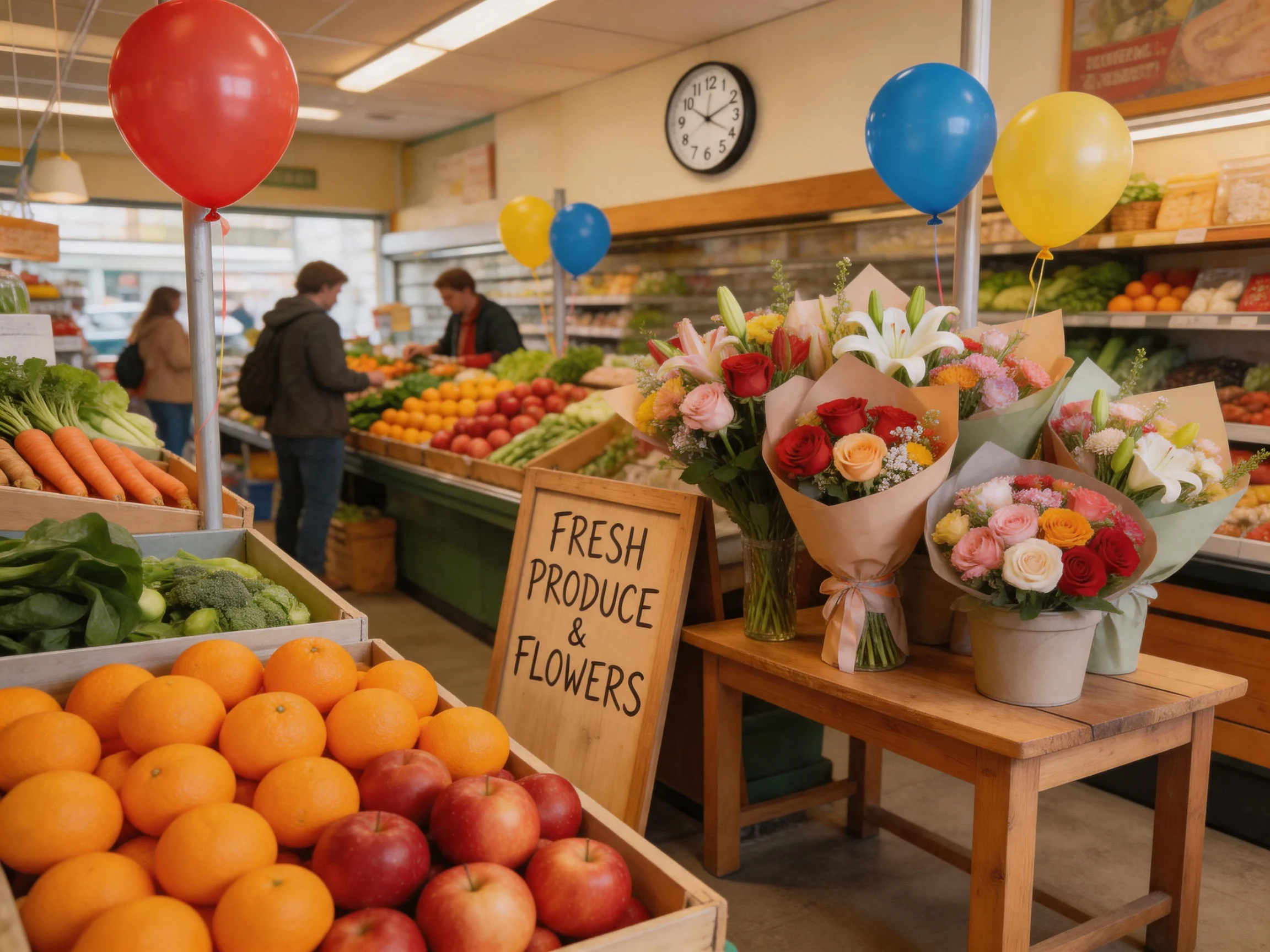 A vibrant market stall showcasing fresh fruits, flowers, and festive balloons