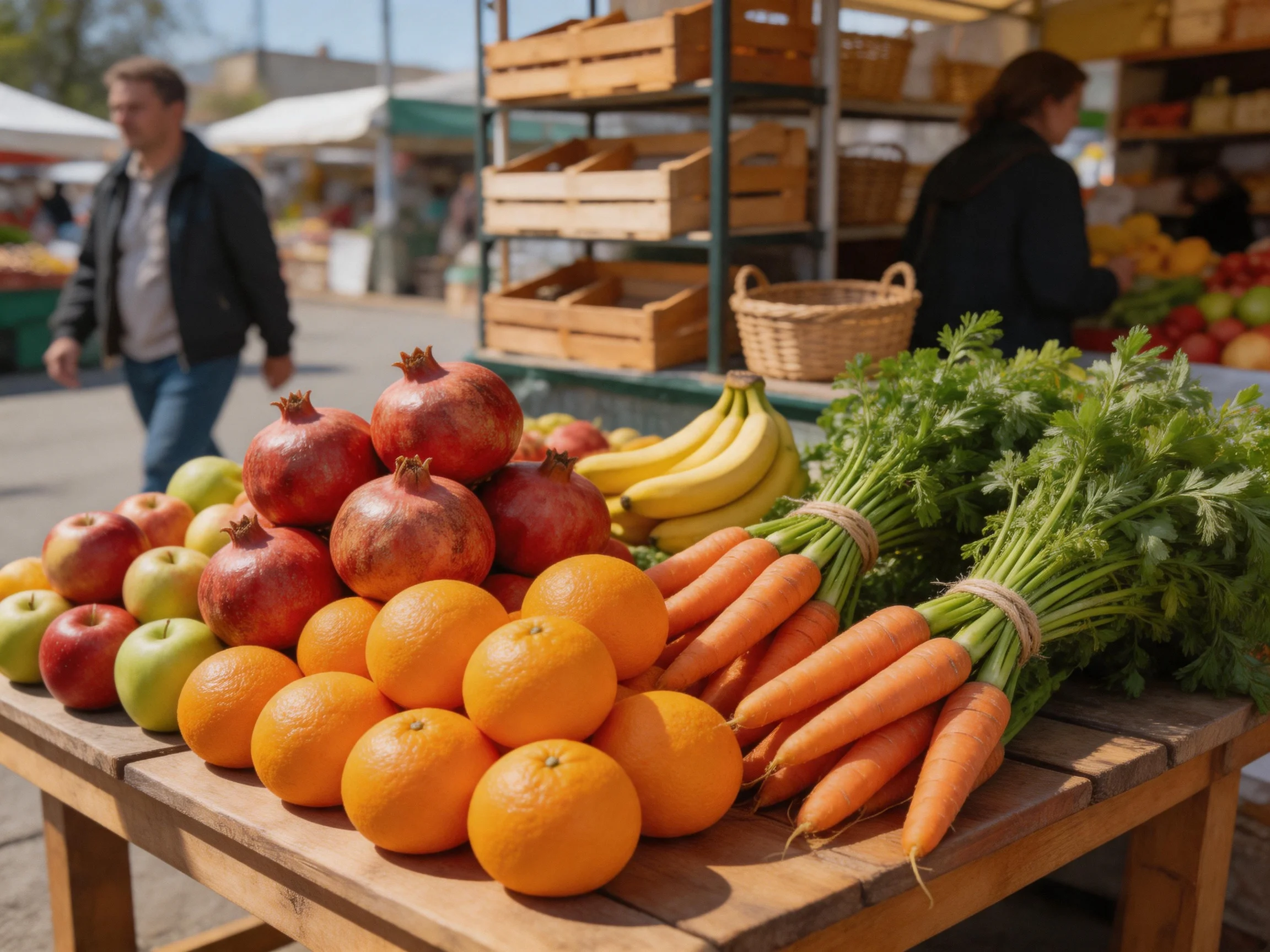 A vibrant market stall with assorted fruits and vegetables