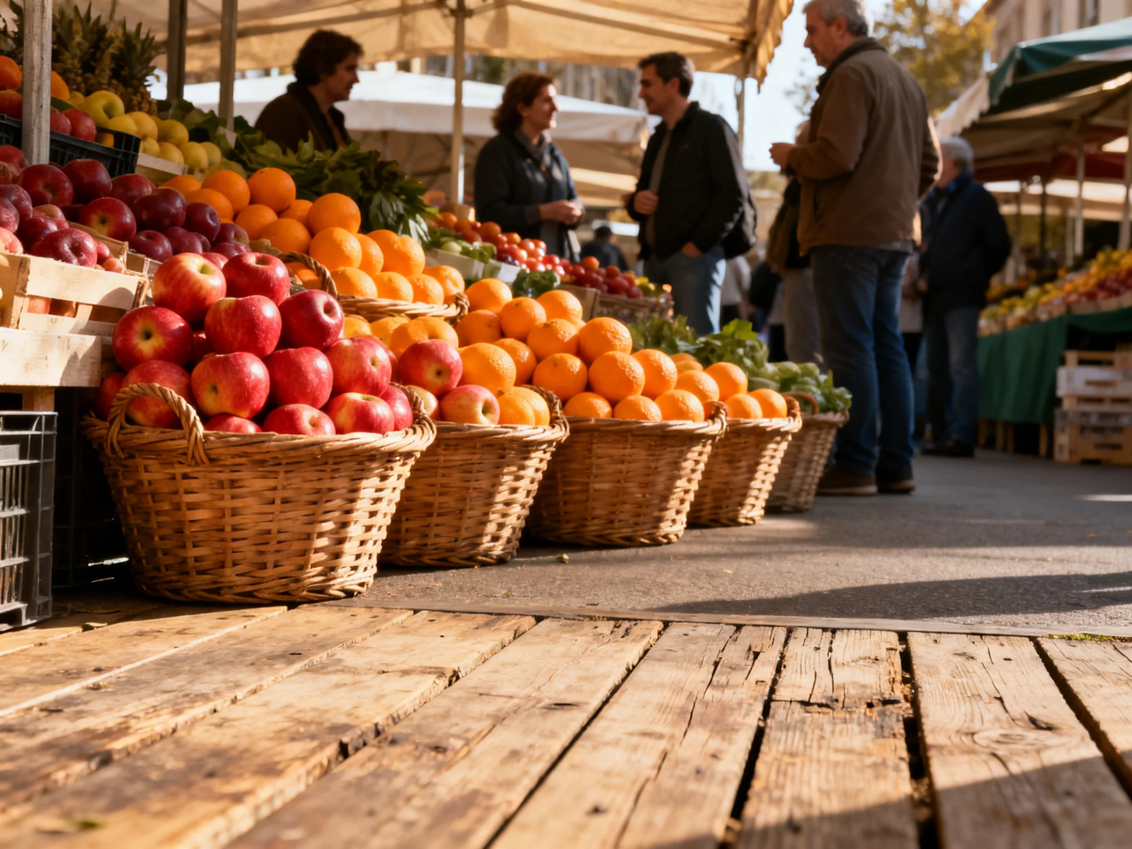 A vibrant market stall with baskets of red apples and orange citrus fruits