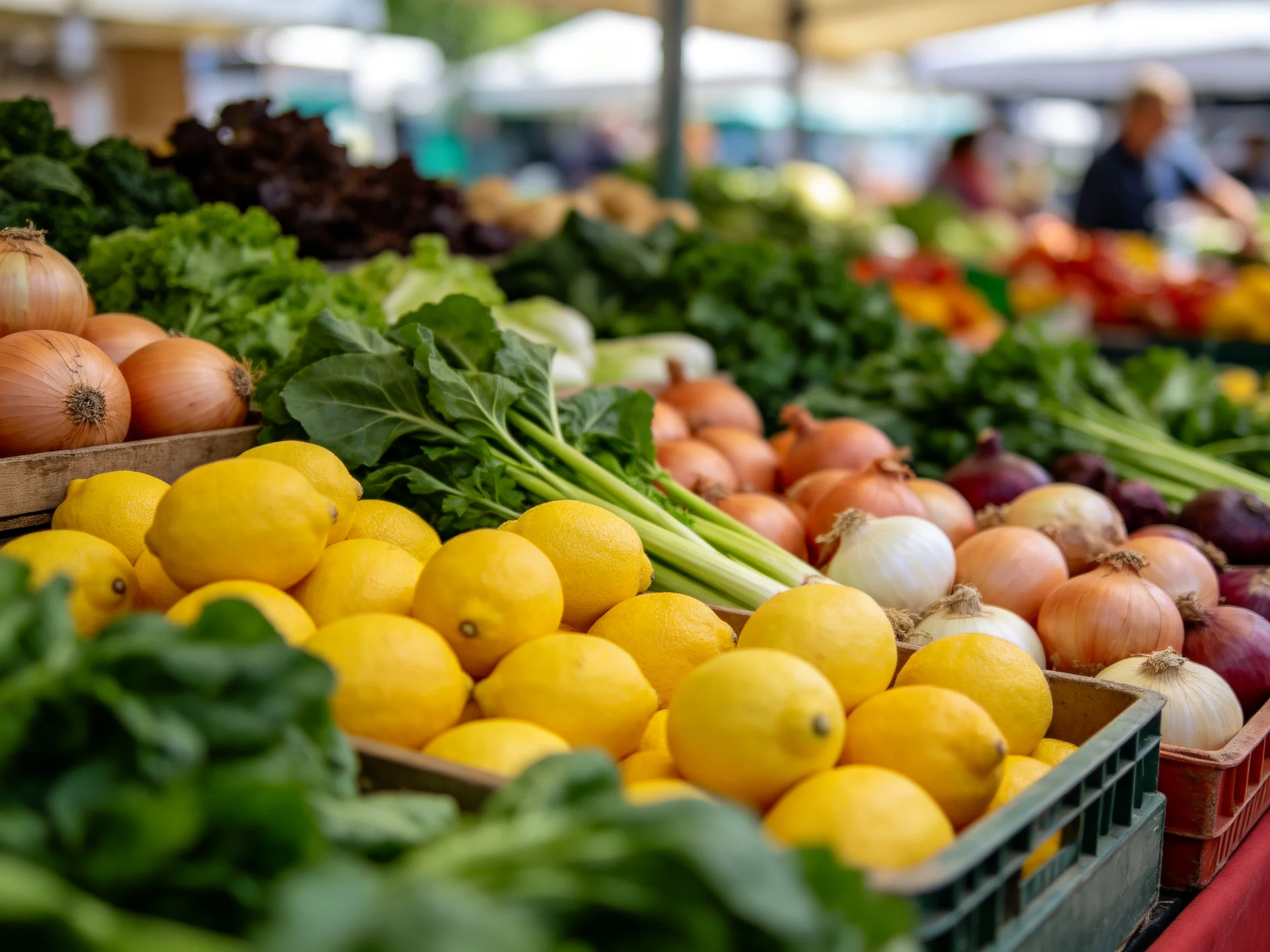 A vibrant market stand with yellow lemons, brown onions, and leafy greens
