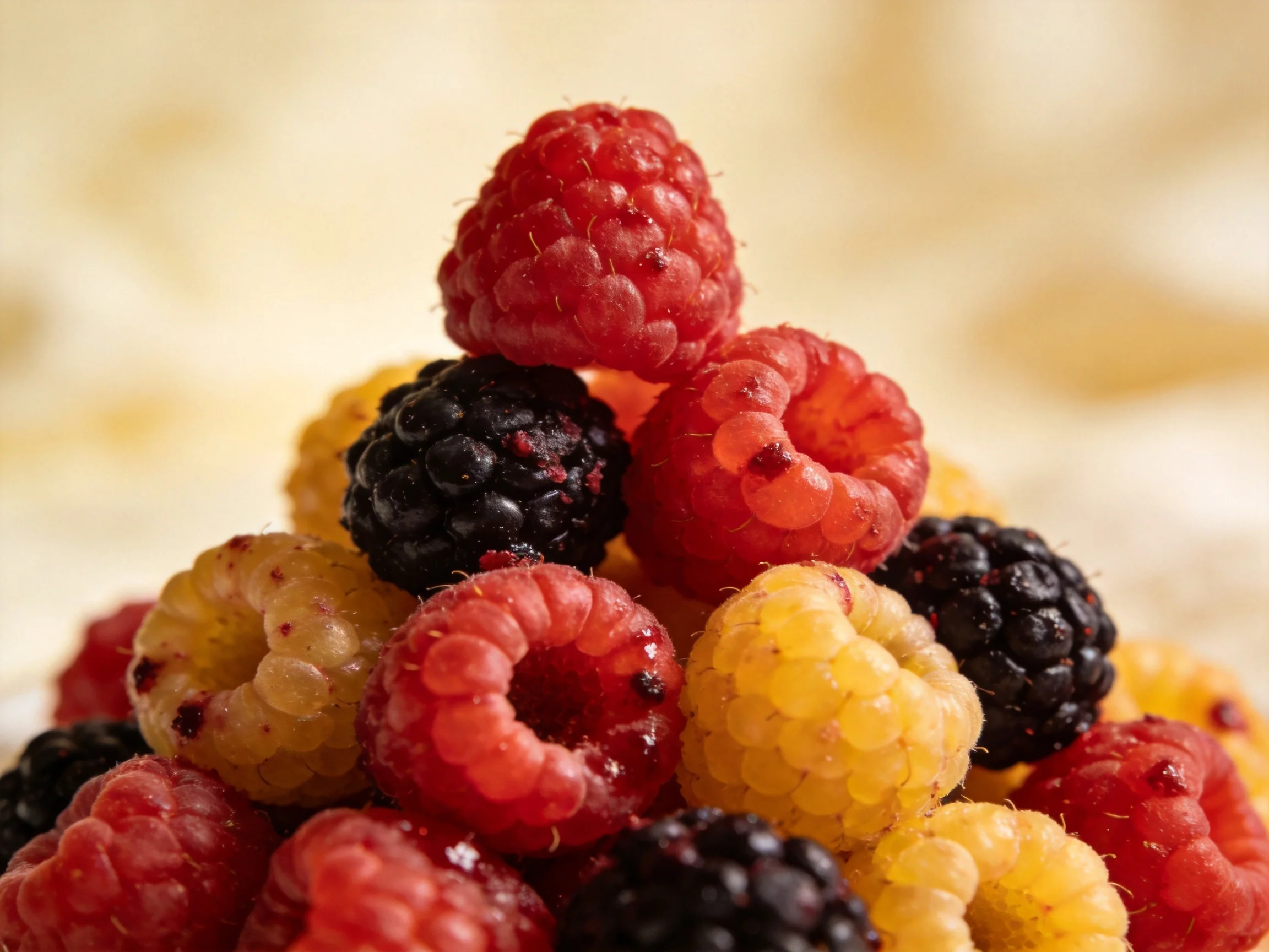 A vibrant mix of red, black, and yellow raspberries and blackberries