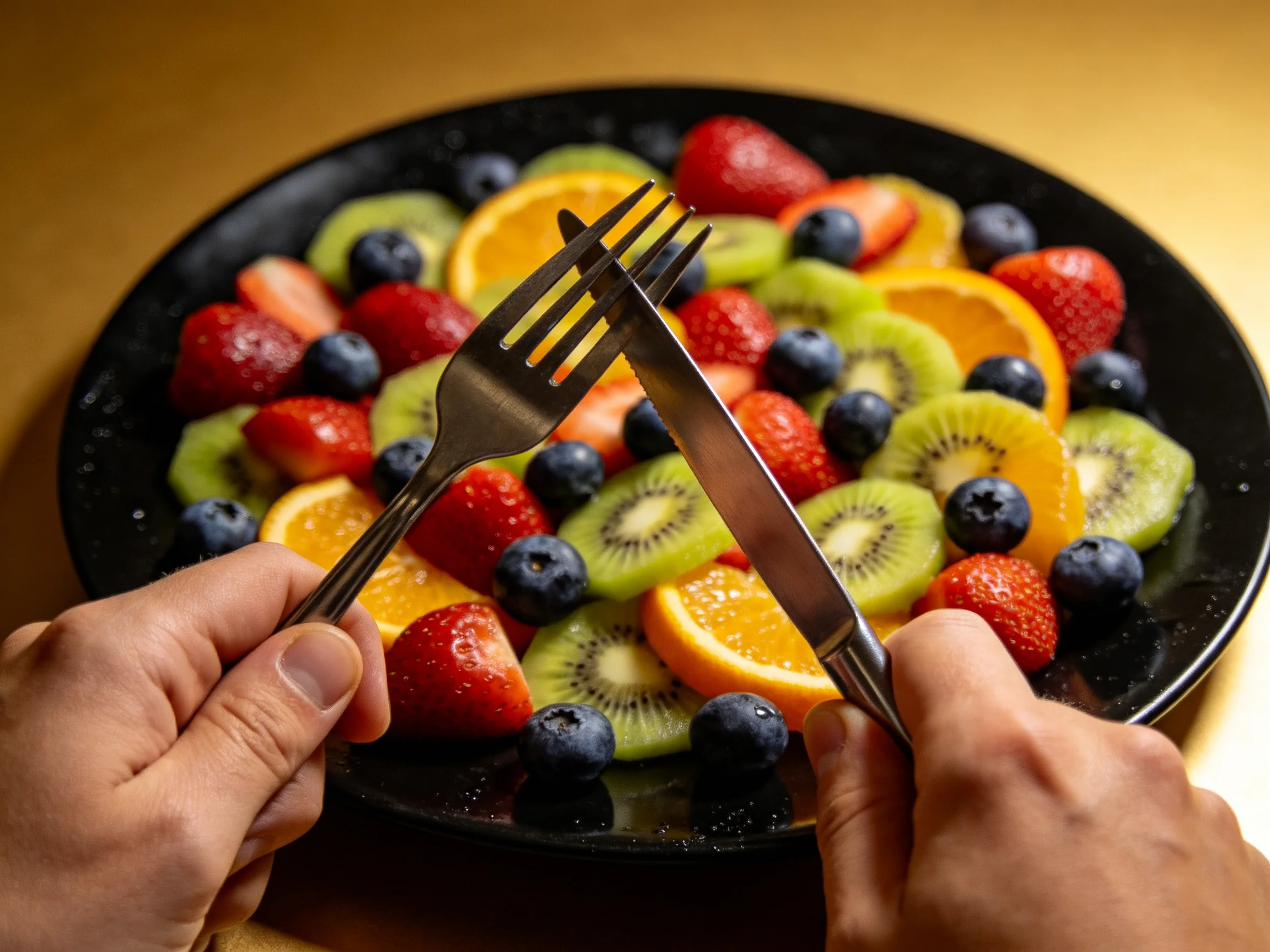 A vibrant mixed fruit platter with strawberries, kiwis, and oranges