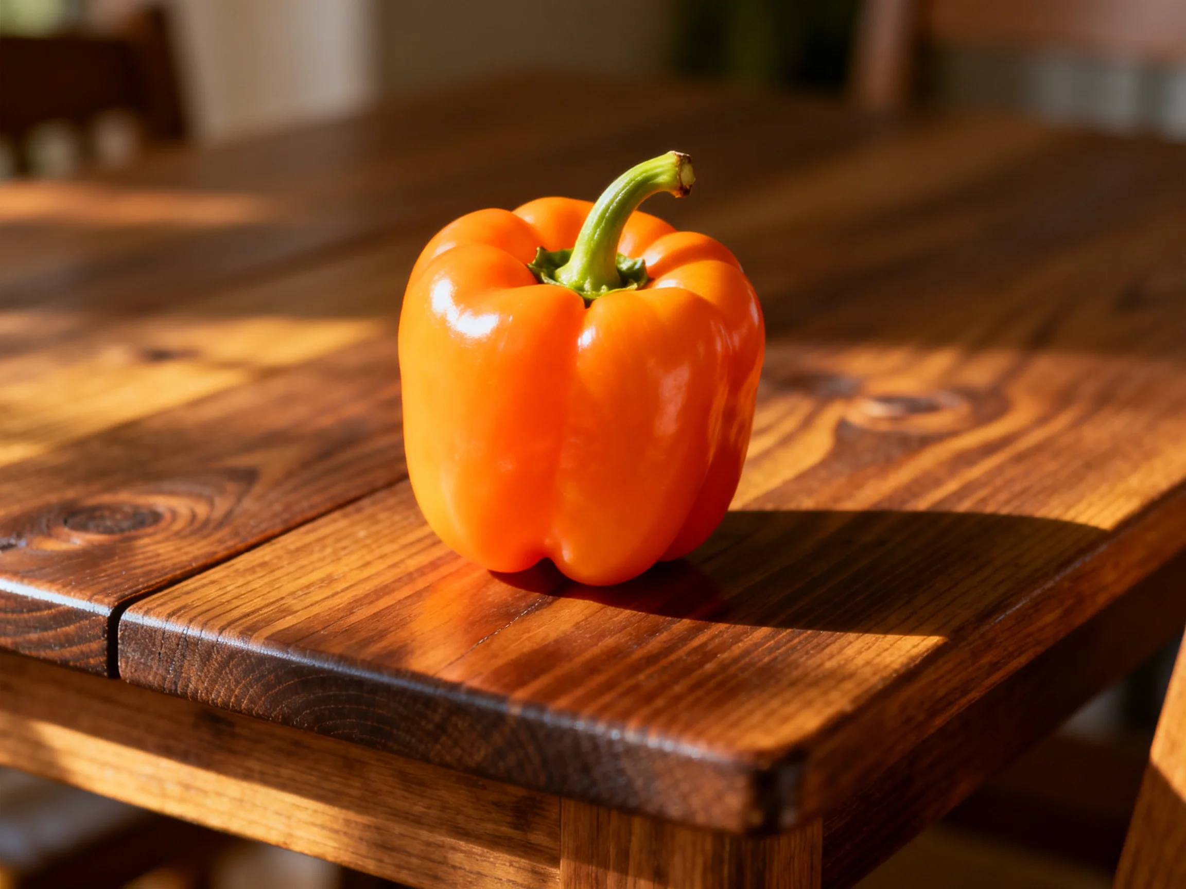 A vibrant orange bell pepper rests on a polished wooden table
