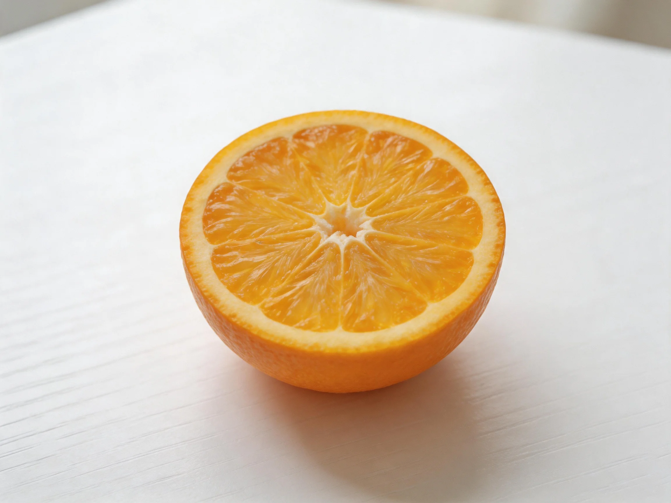 A vibrant orange citrus fruit halved on a smooth white surface