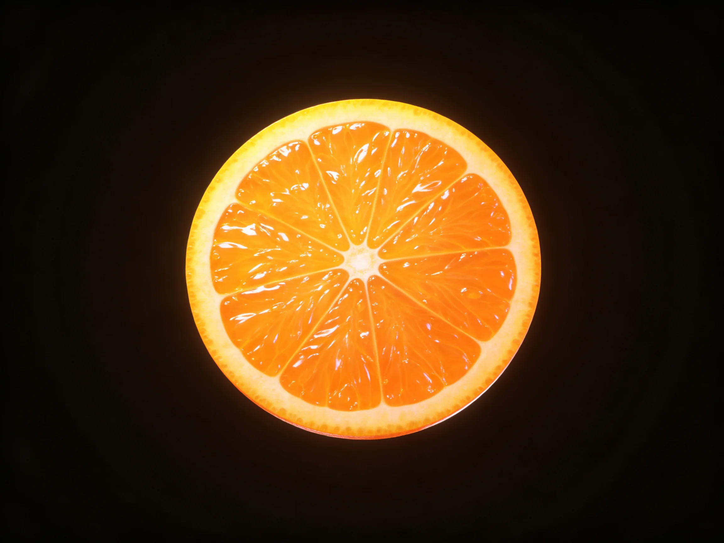 A vibrant orange citrus fruit slice centered on a black background