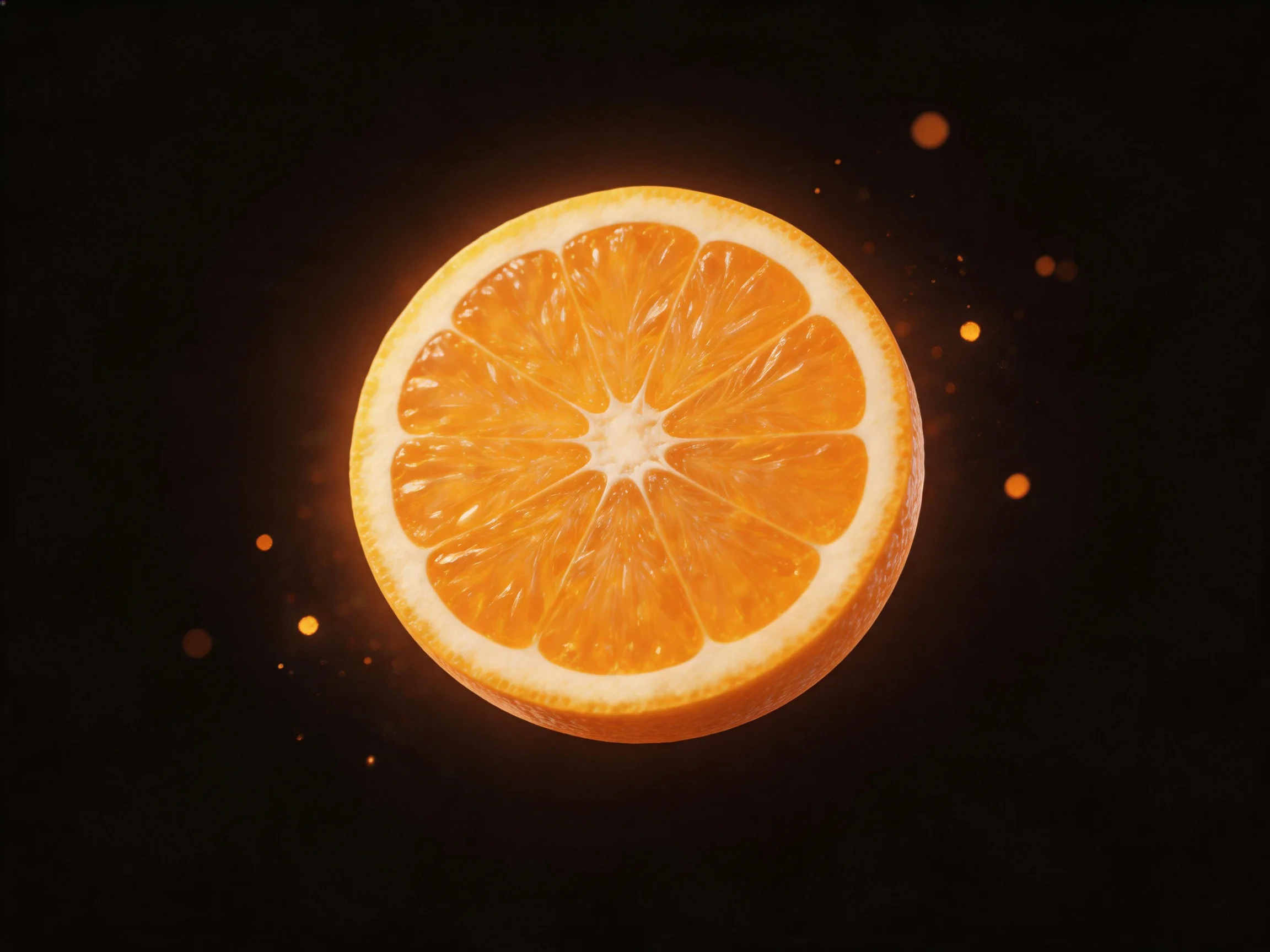 A vibrant orange citrus fruit slice centered on a dark backdrop with glowing accents.