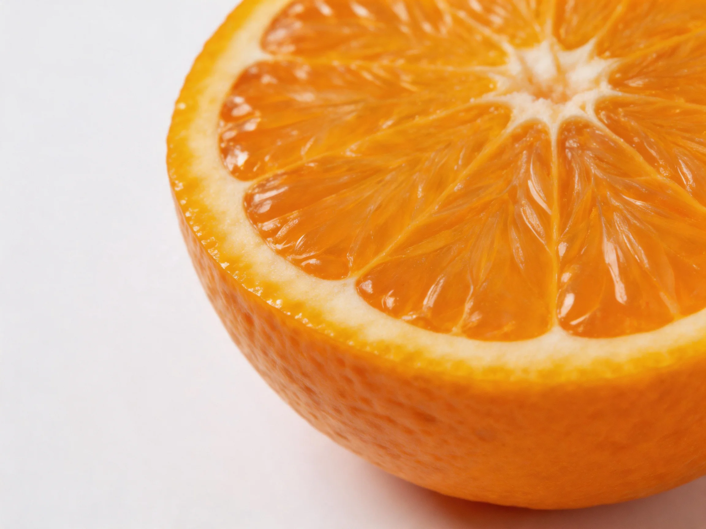 A vibrant orange citrus fruit sliced open, revealing juicy segments