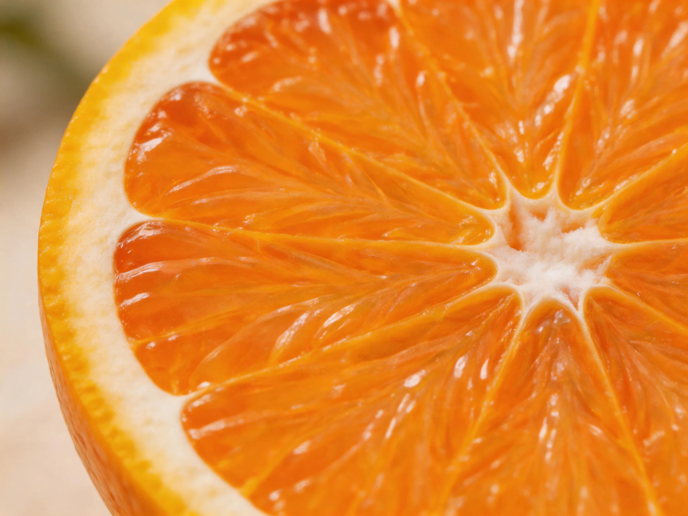 A vibrant orange citrus fruit sliced open, showcasing juicy segments