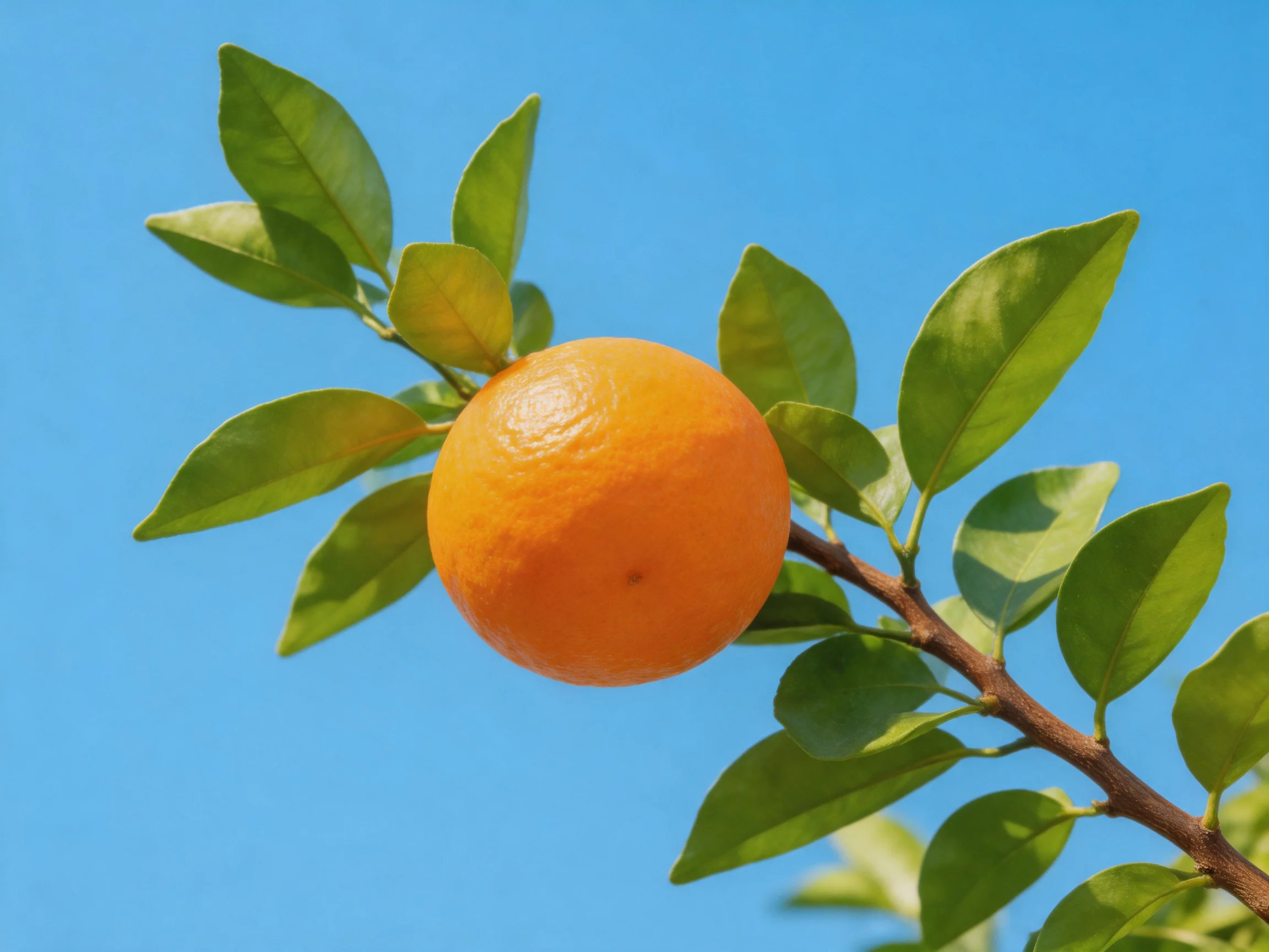 A vibrant orange fruit hangs from a leafy branch under a clear blue sky