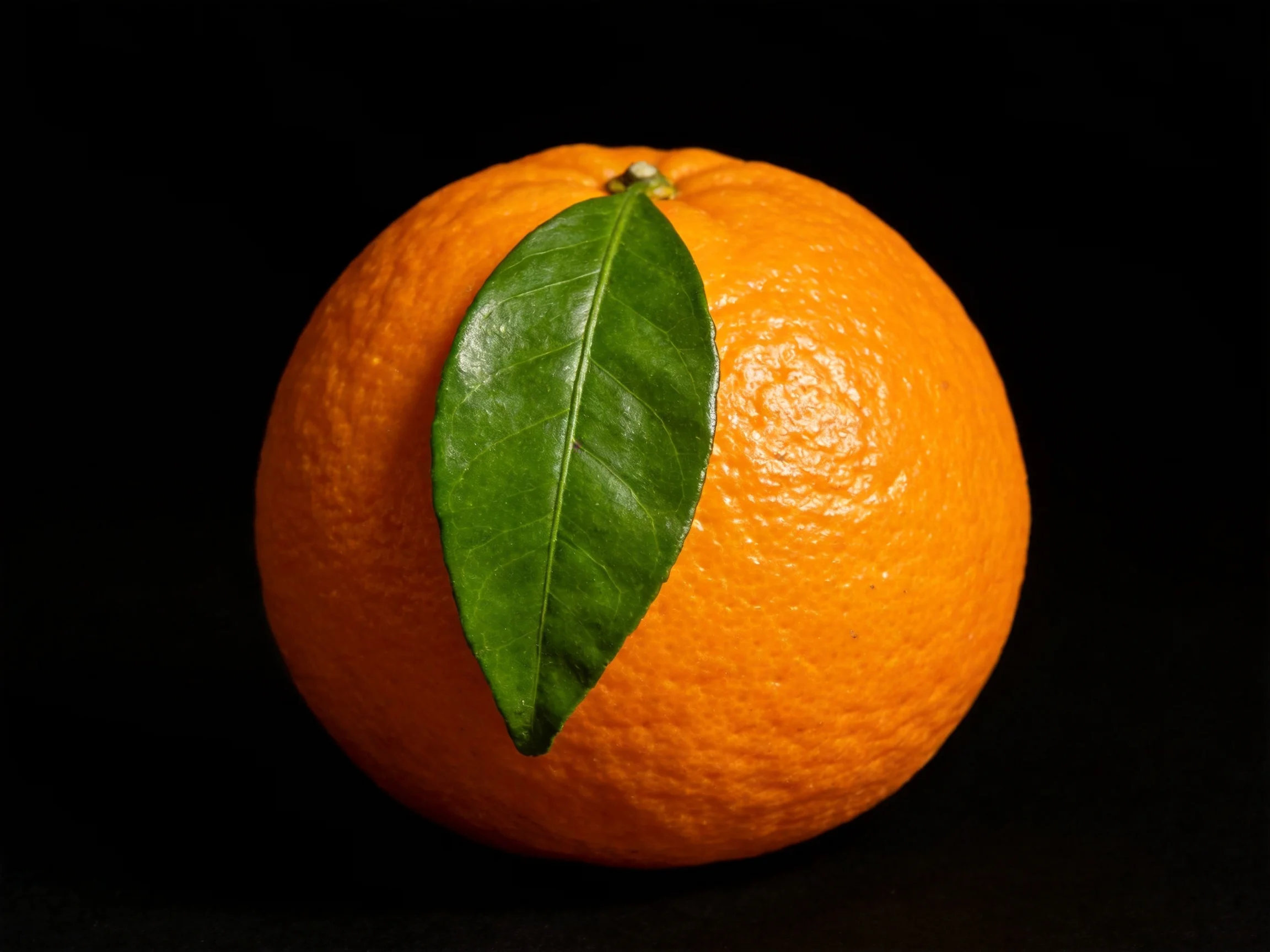 A vibrant orange fruit with a single green leaf against a black backdrop