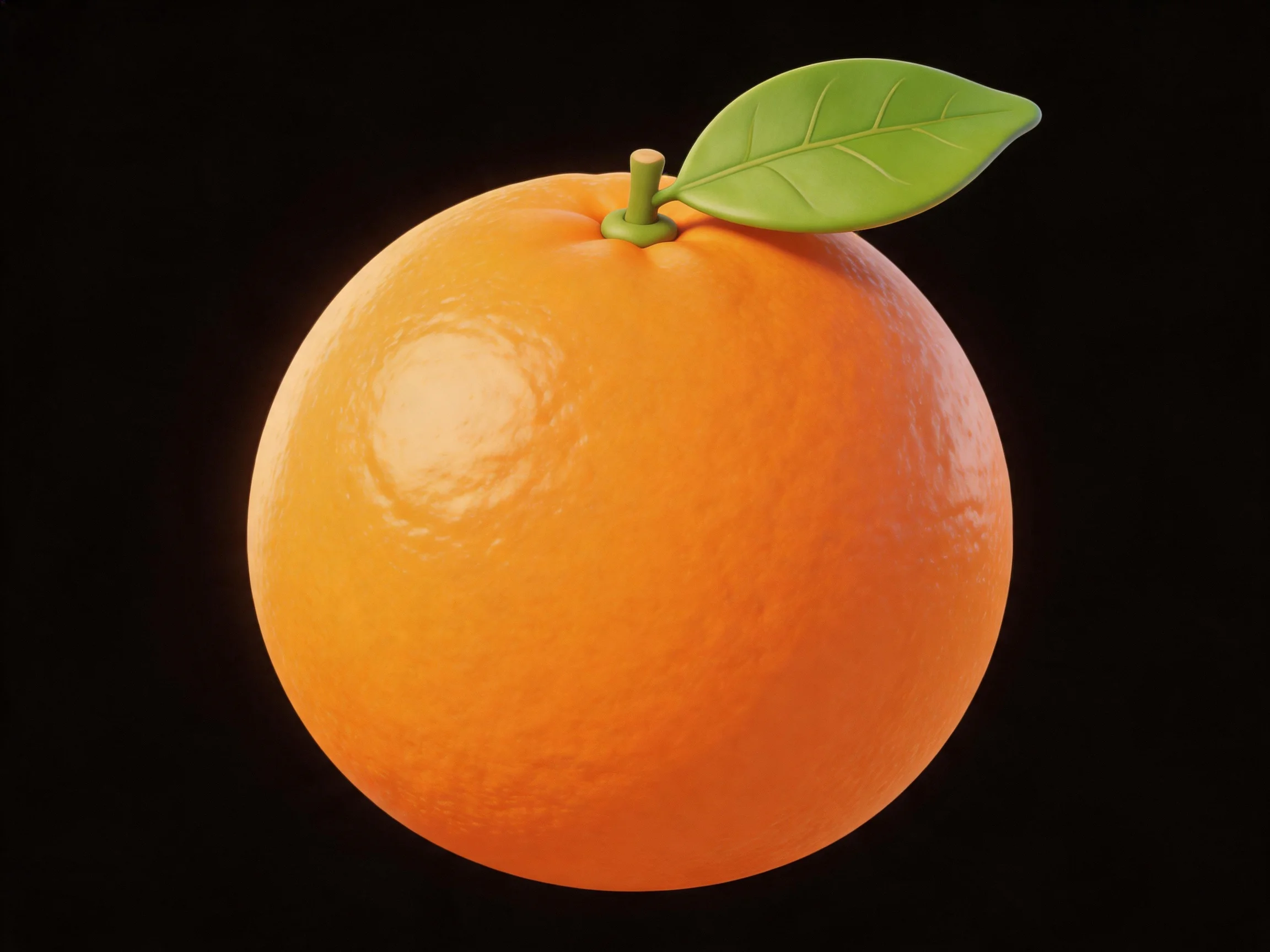 A vibrant orange fruit with a single green leaf against a solid black background