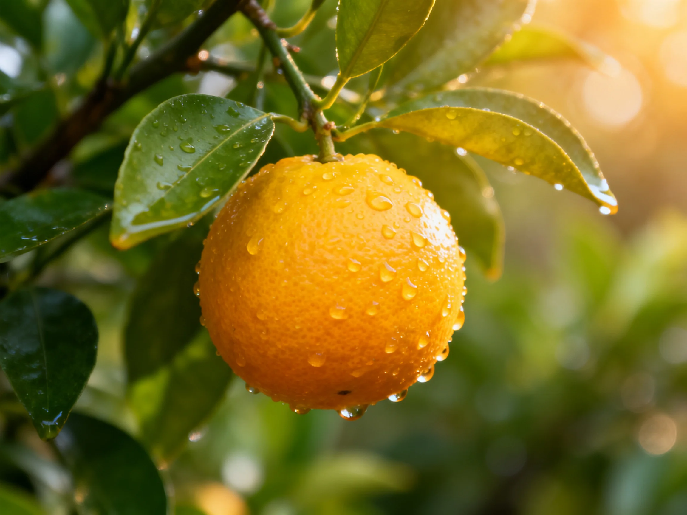 A vibrant orange fruit with dew drops on lush green leaves