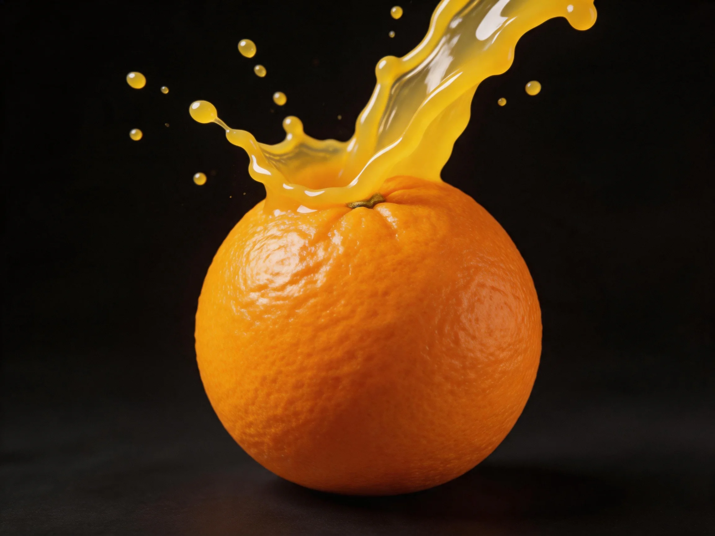 A vibrant orange fruit with dynamic yellow juice splash against dark backdrop