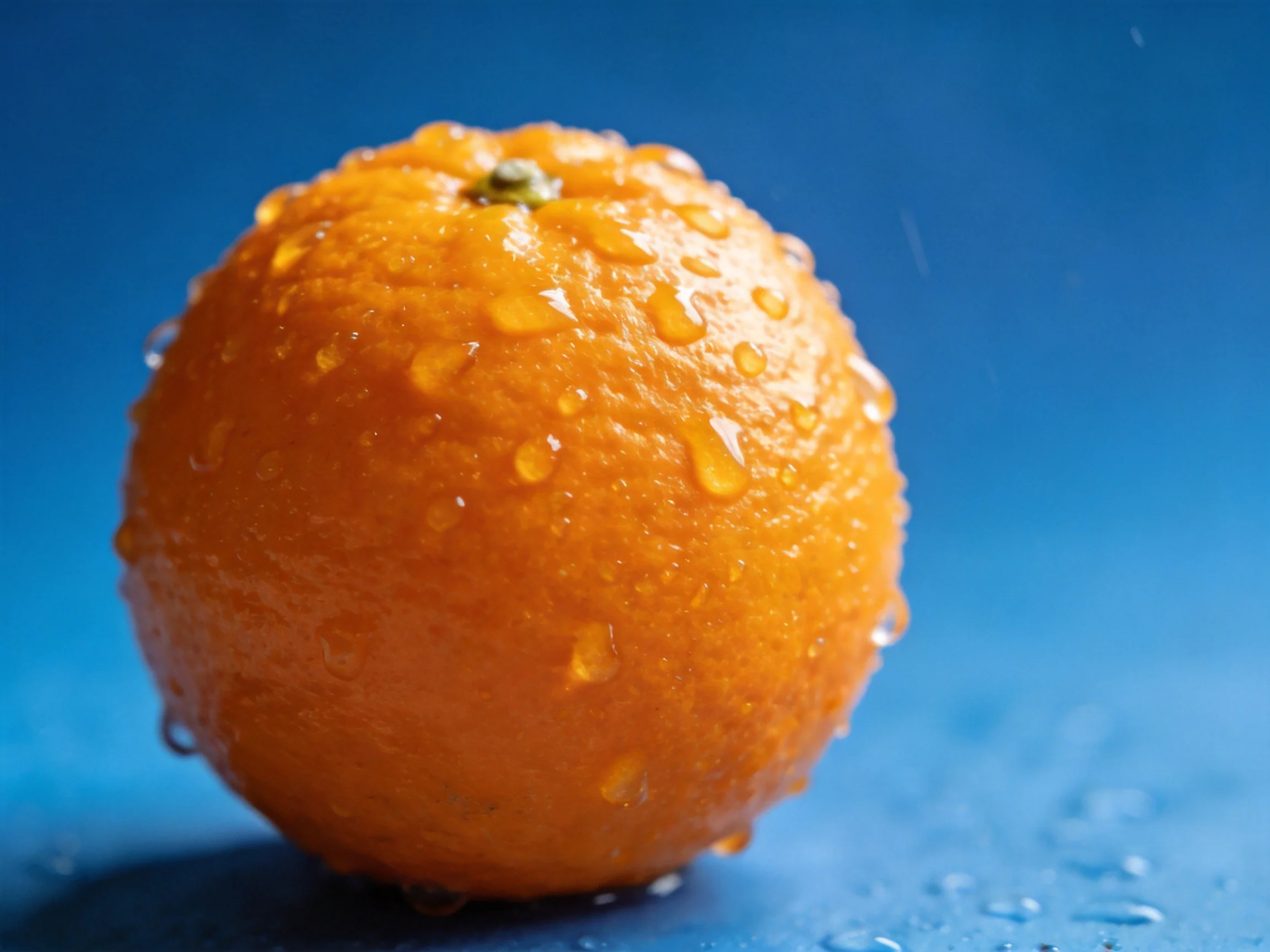 A vibrant orange fruit with glistening water droplets on a blue surface