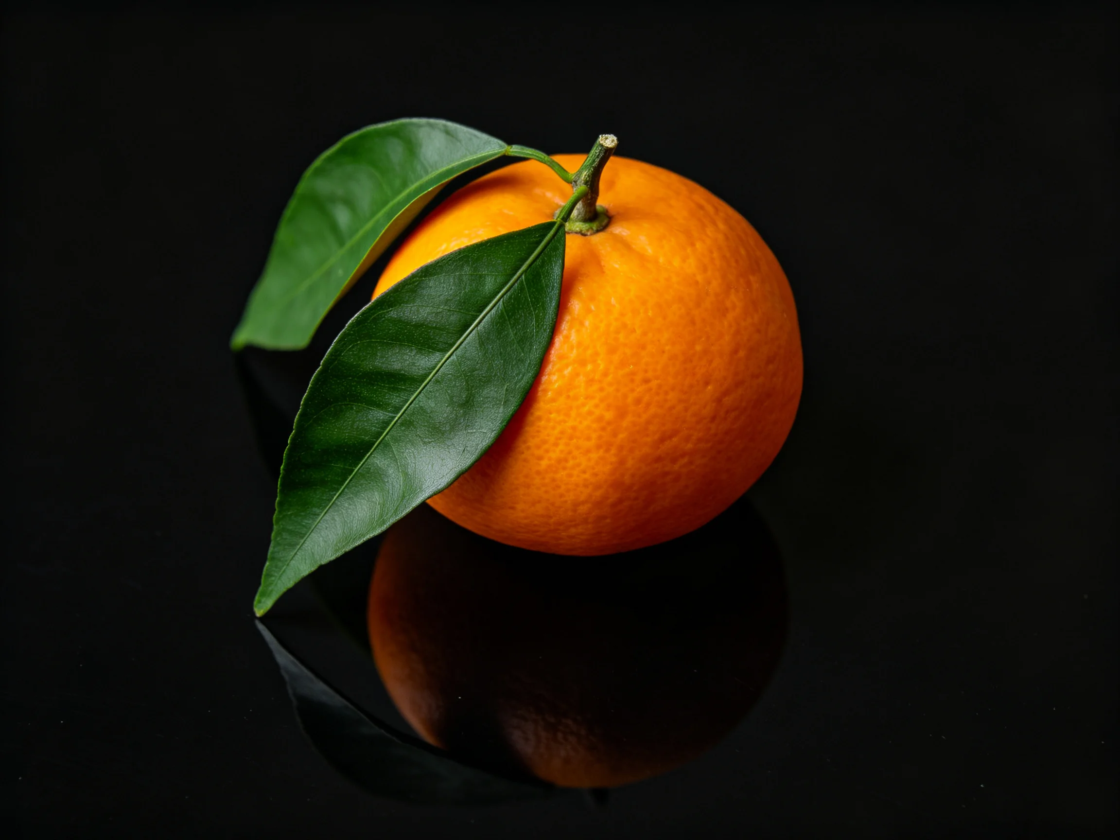 A vibrant orange fruit with glossy green leaves on a black surface