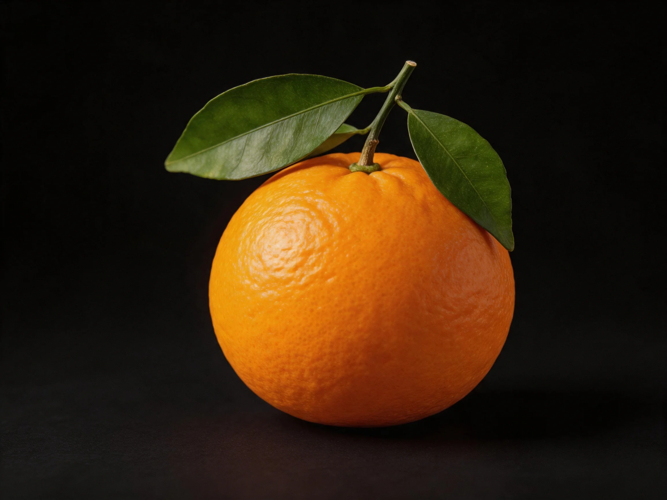 A vibrant orange fruit with two green leaves on a black background