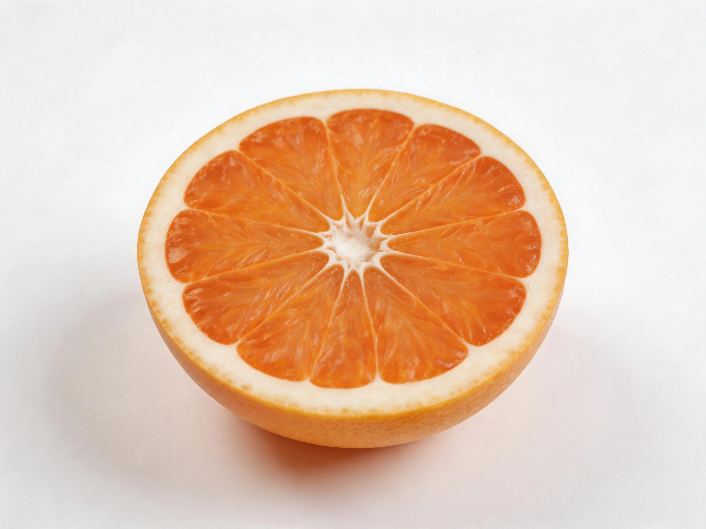 A vibrant orange grapefruit sliced open, revealing juicy segments