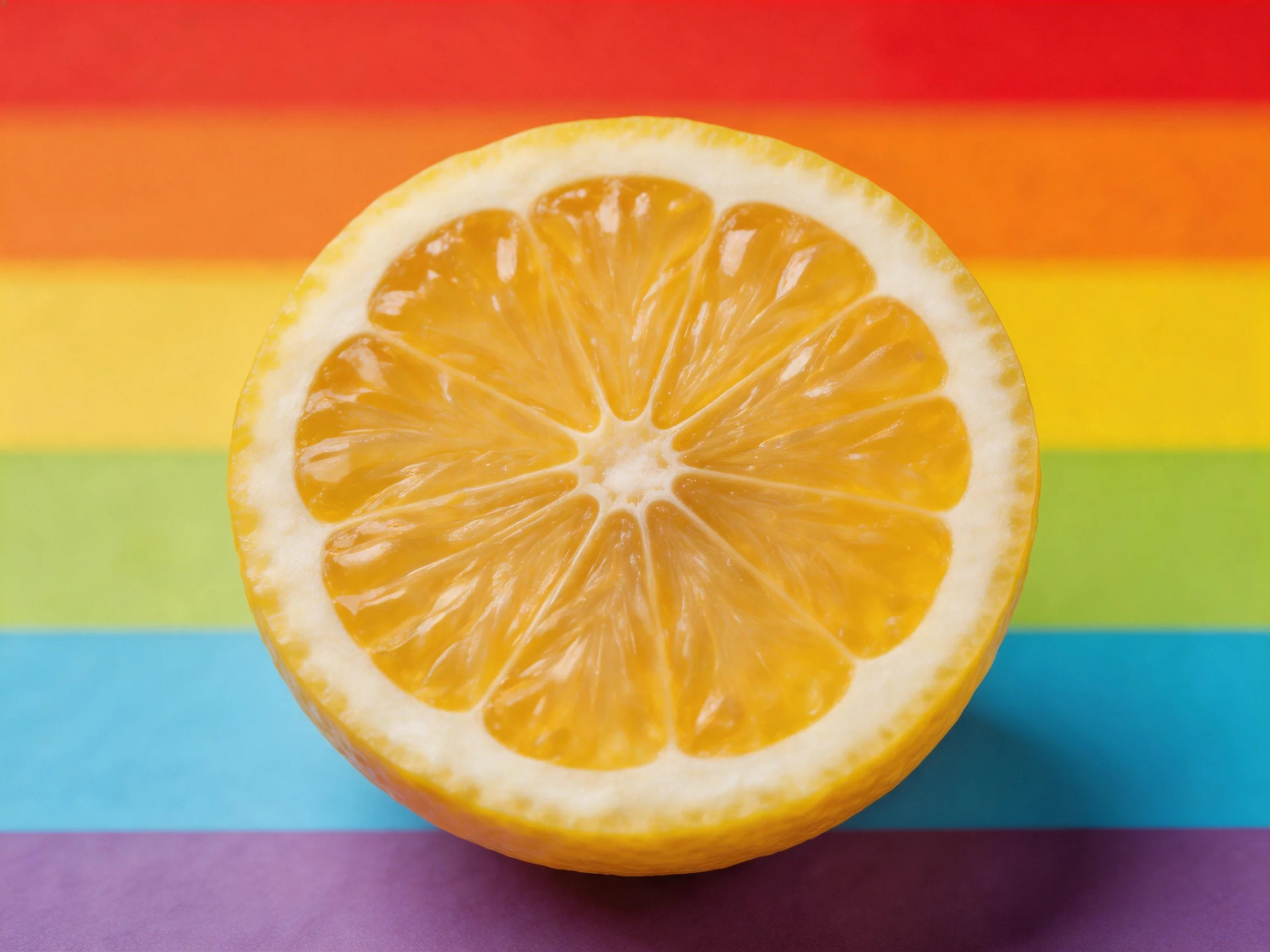 A vibrant orange half displayed on horizontal rainbow-colored stripes
