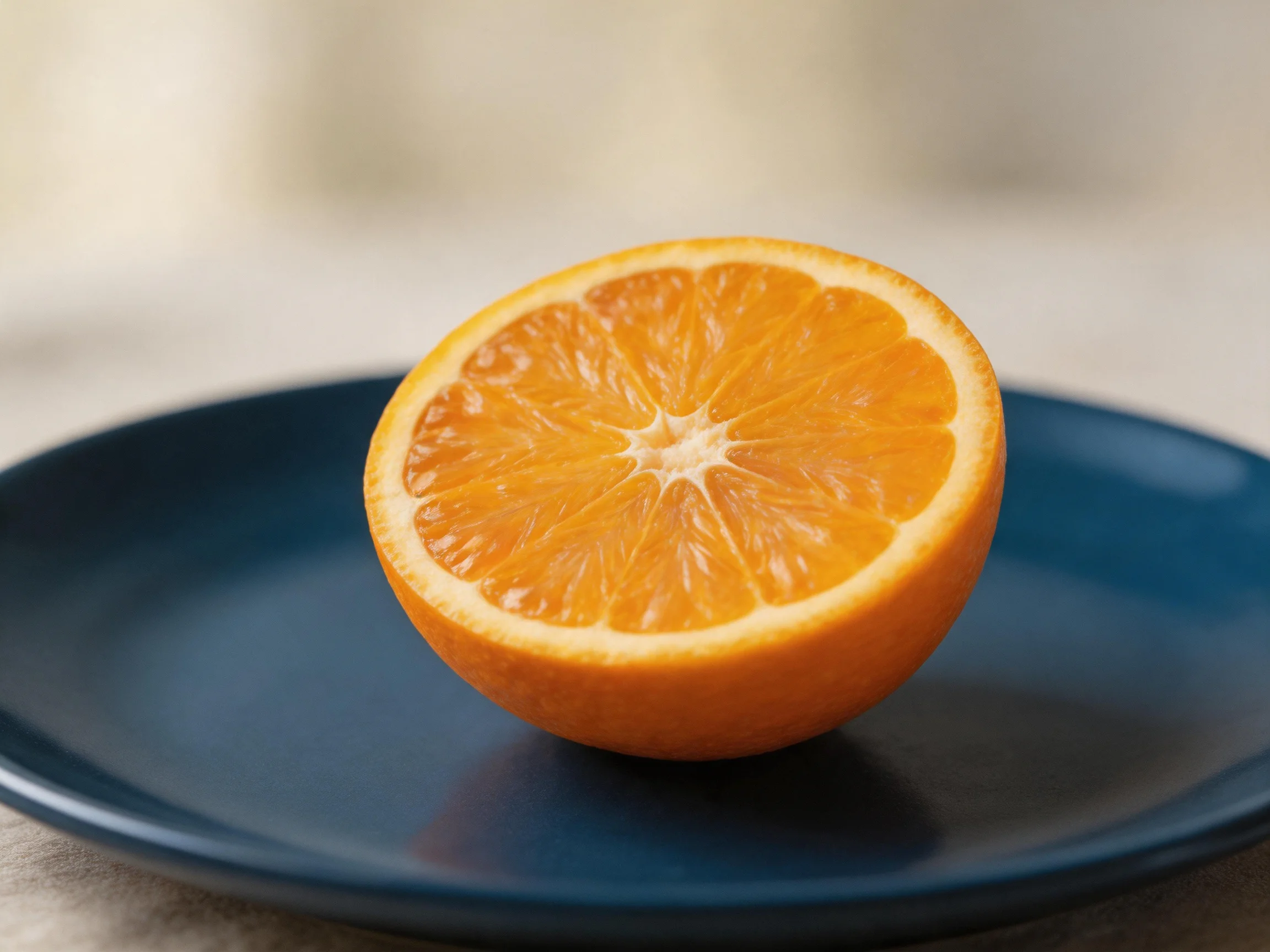 A vibrant orange half rests atop a deep blue plate with soft lighting.