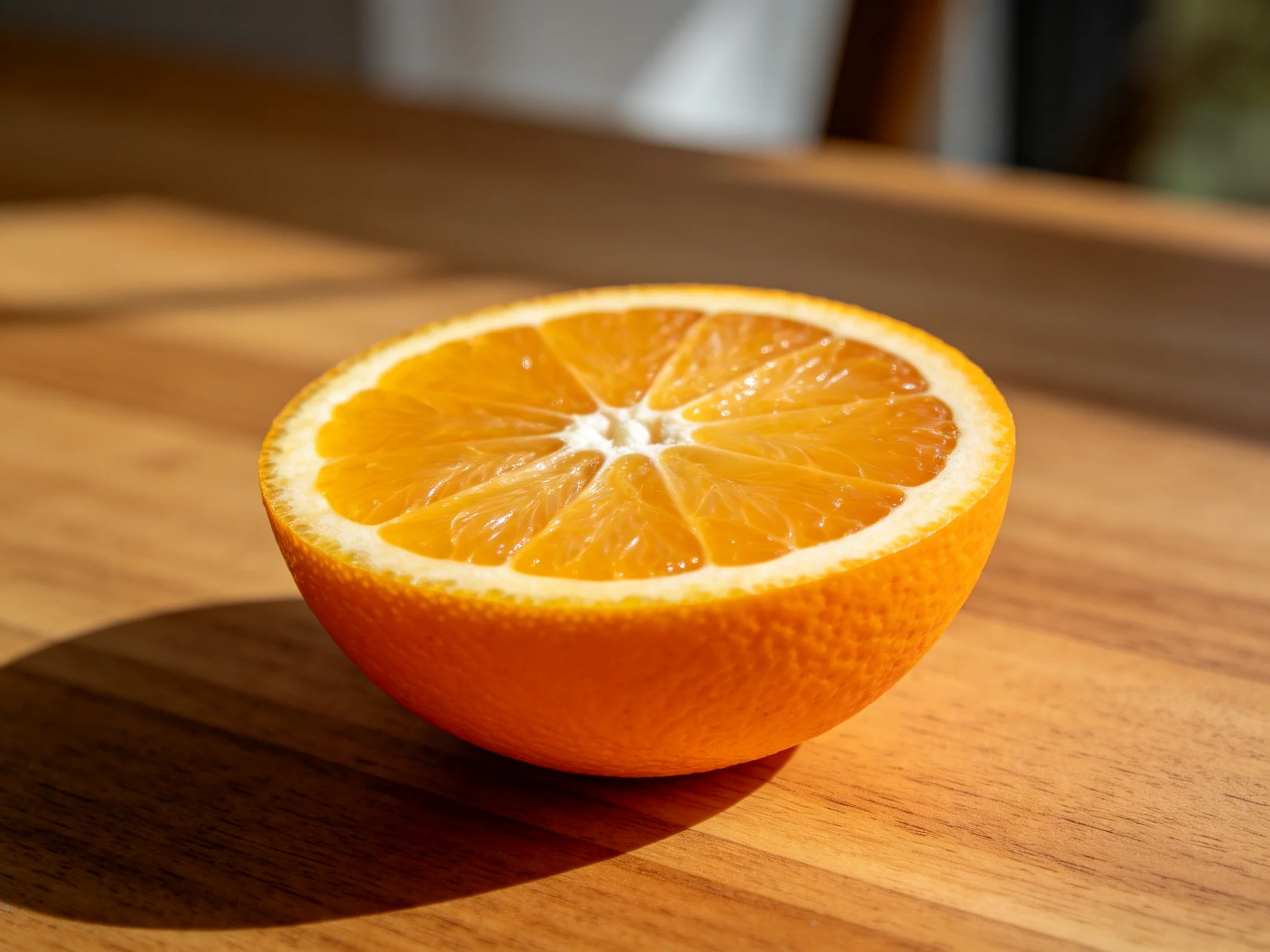 A vibrant orange half rests on a polished wooden surface