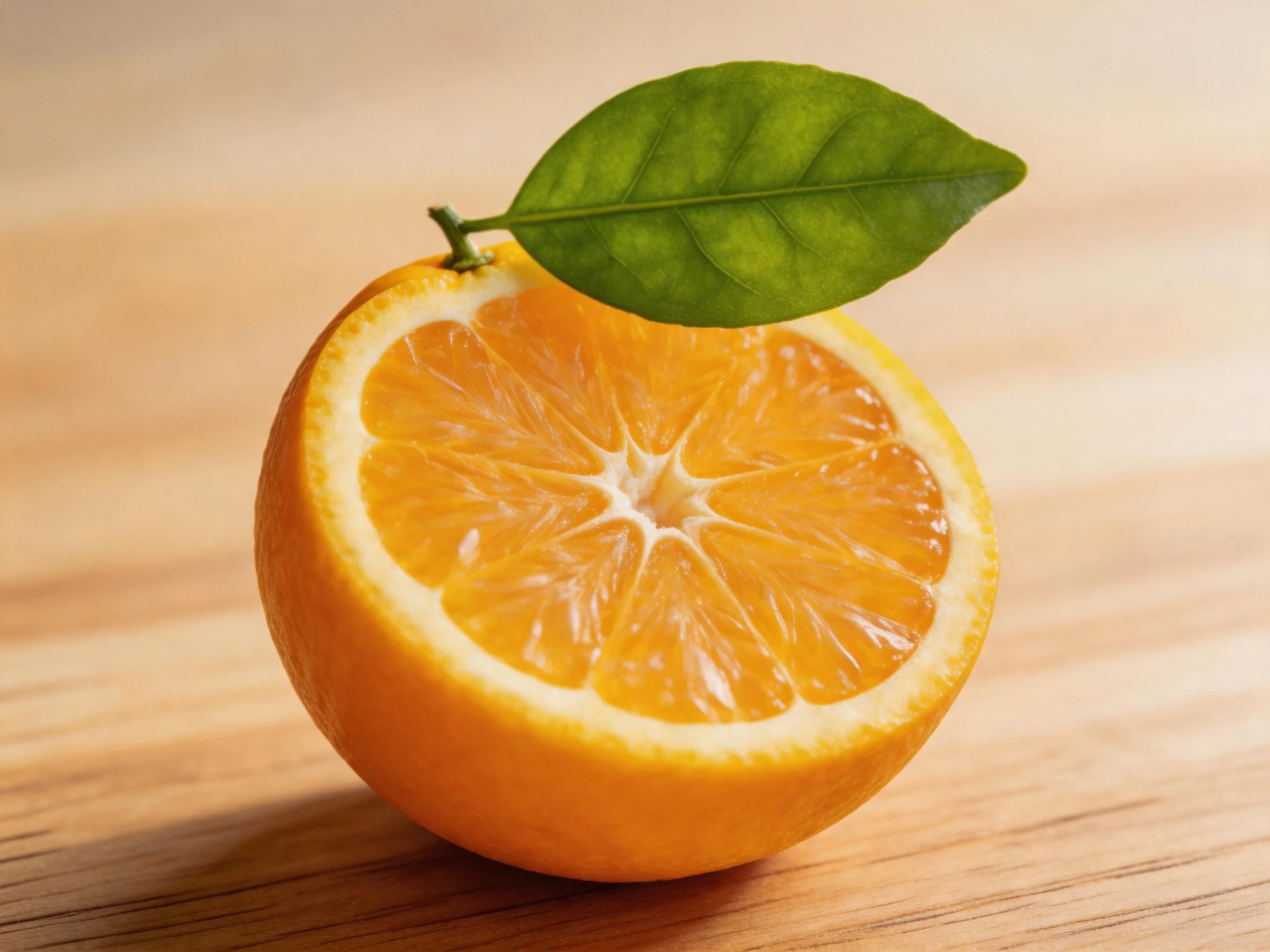 A vibrant orange half with a fresh green leaf on a wooden surface