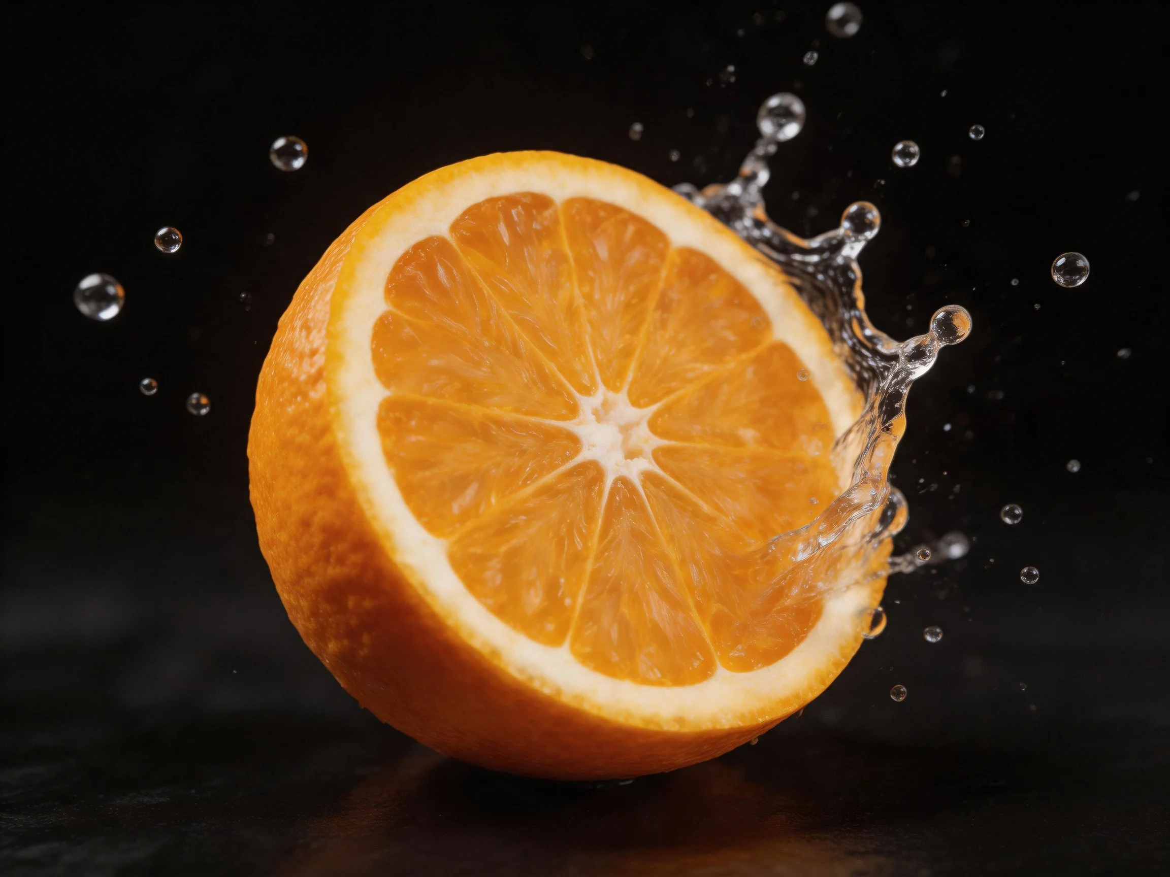 A vibrant orange half with dynamic water splash against a black backdrop