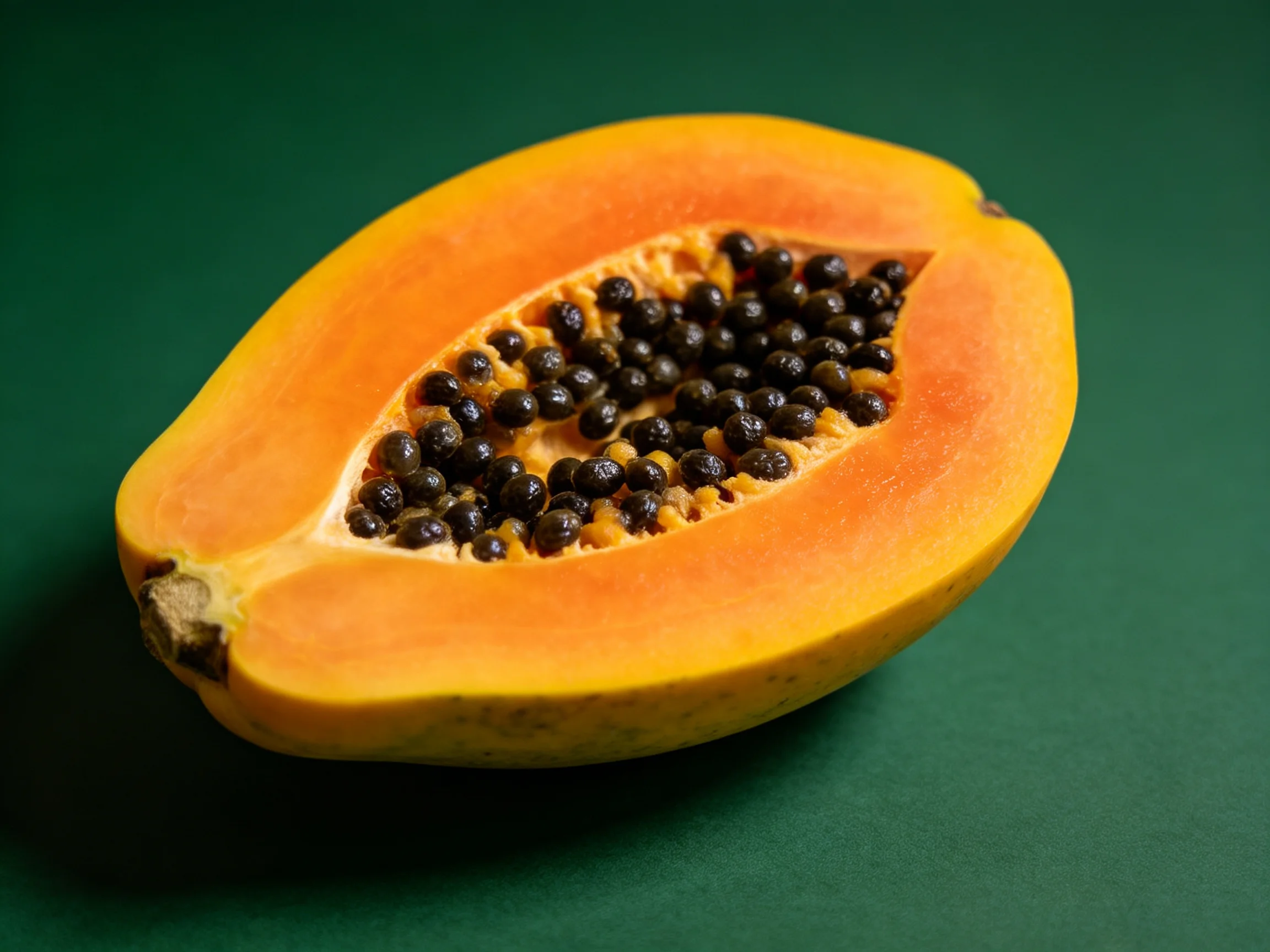 A vibrant orange halved papaya with dark seeds on a green surface
