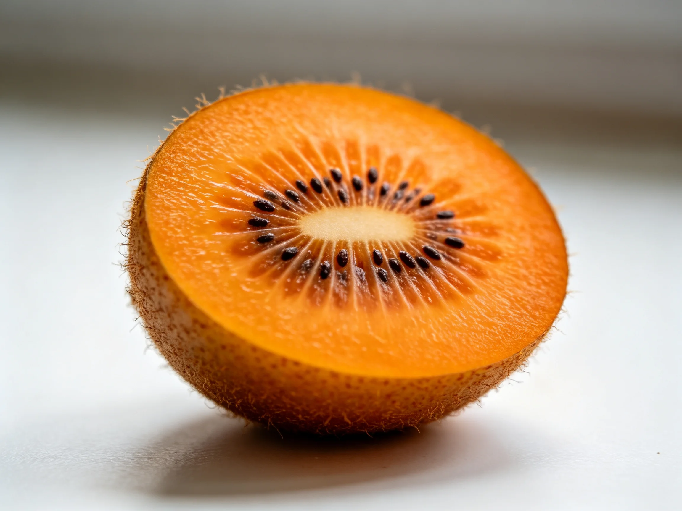 A vibrant orange kiwi fruit sliced open, displaying its textured flesh and seed arrangement