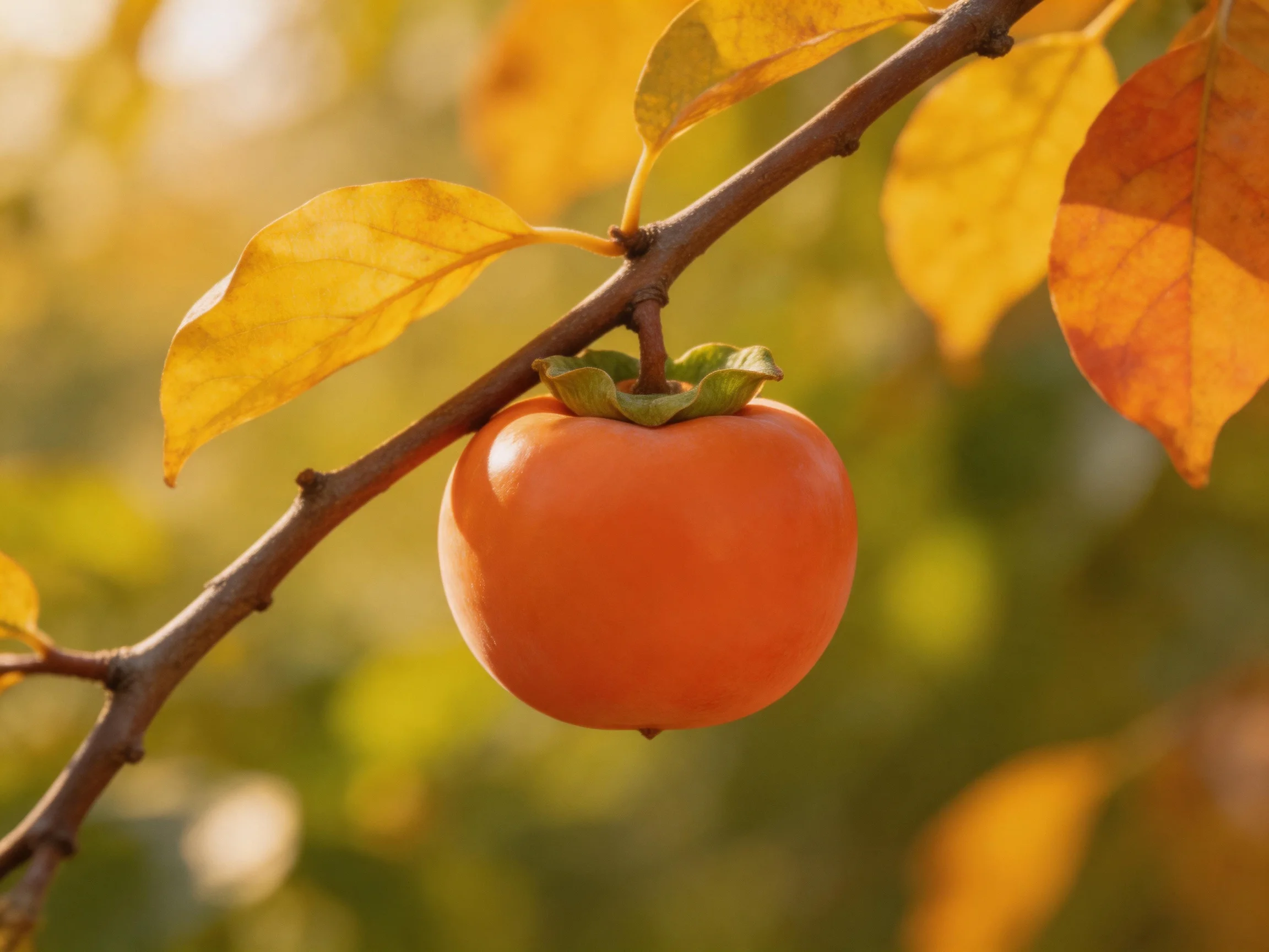 A vibrant orange persimmon hangs from a branch amid golden autumn leaves