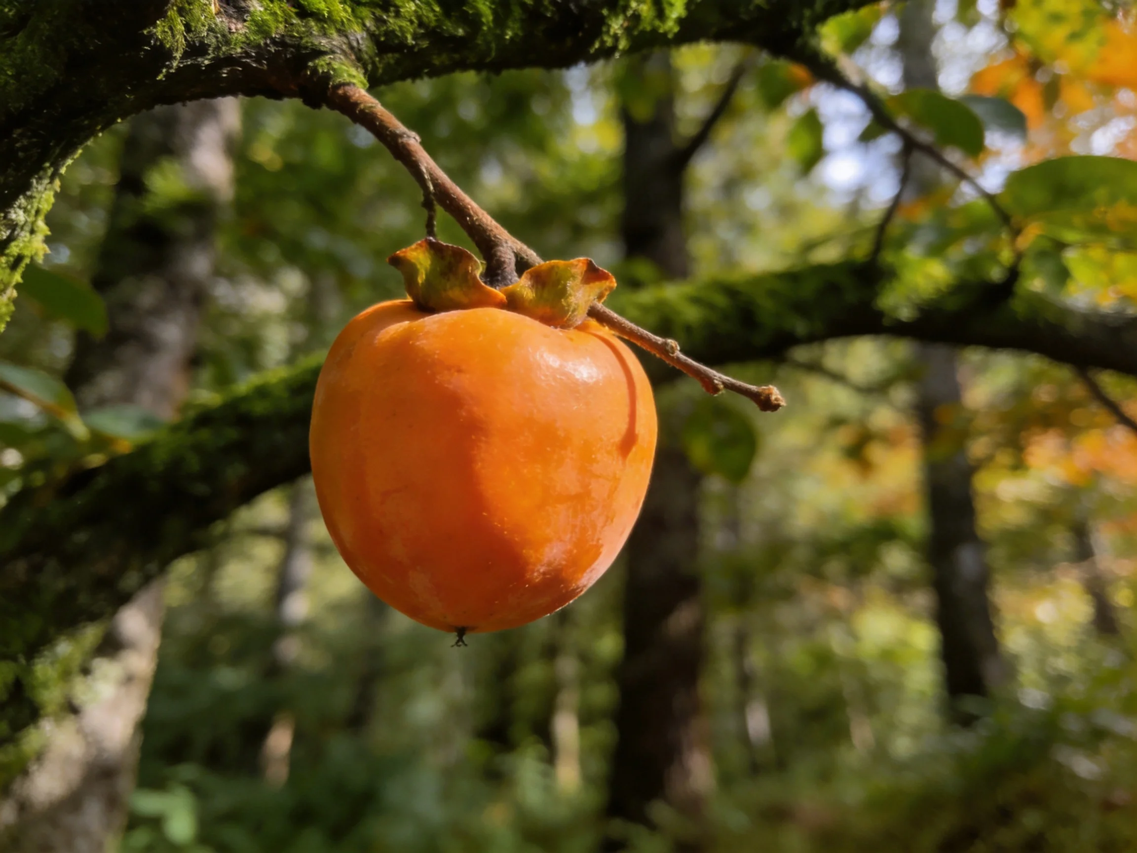 A vibrant orange persimmon hangs from a moss-covered tree branch