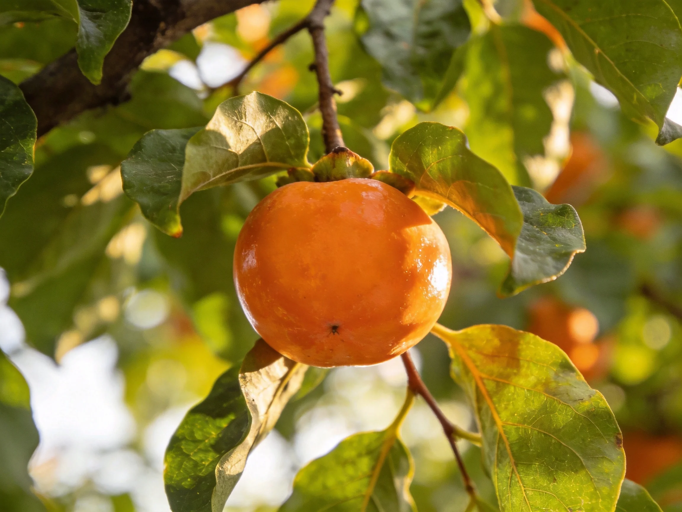 A vibrant orange persimmon hangs from a tree with lush green leaves