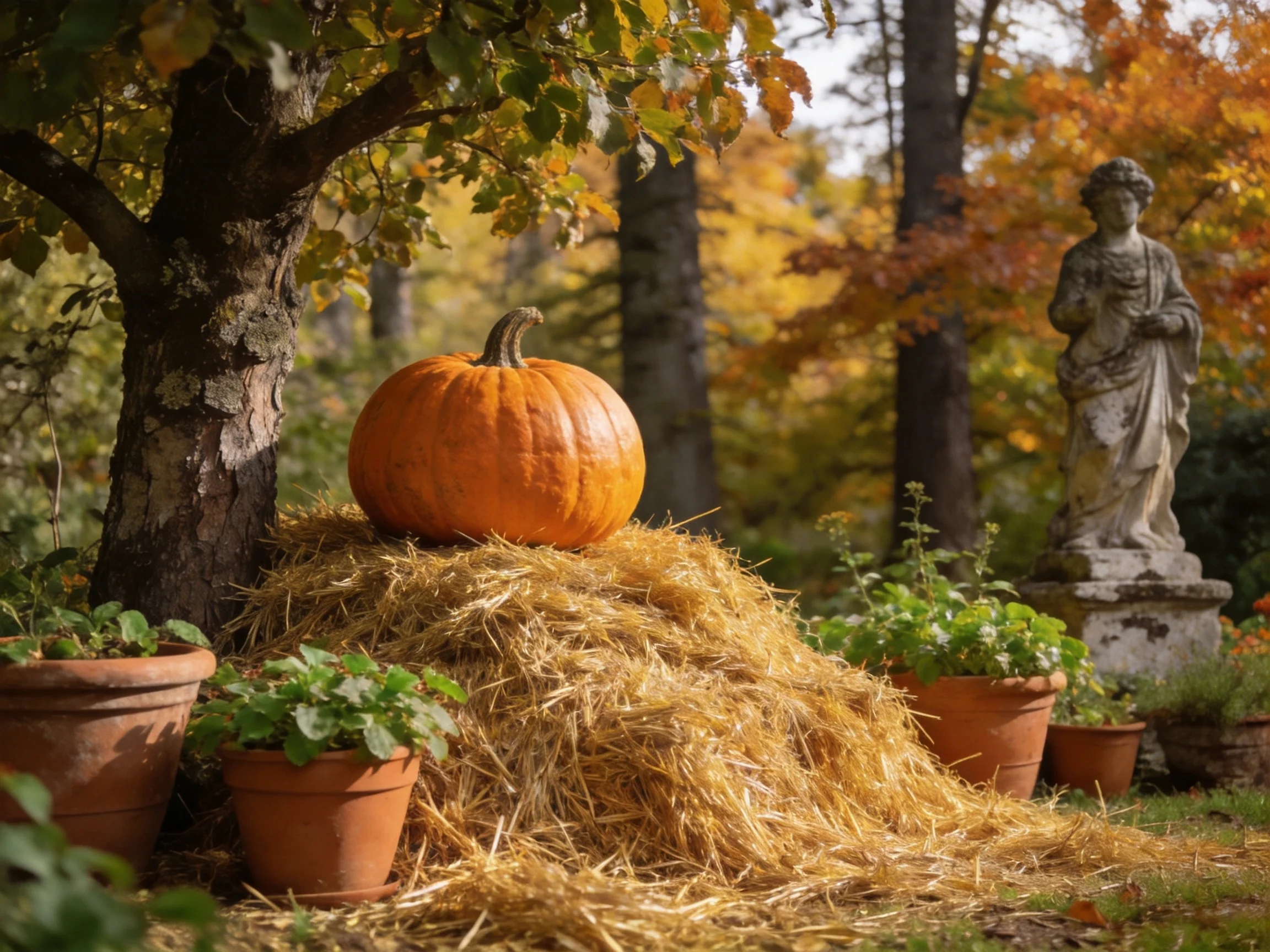 A vibrant orange pumpkin rests on golden straw beside terracotta planters and a stone statue
