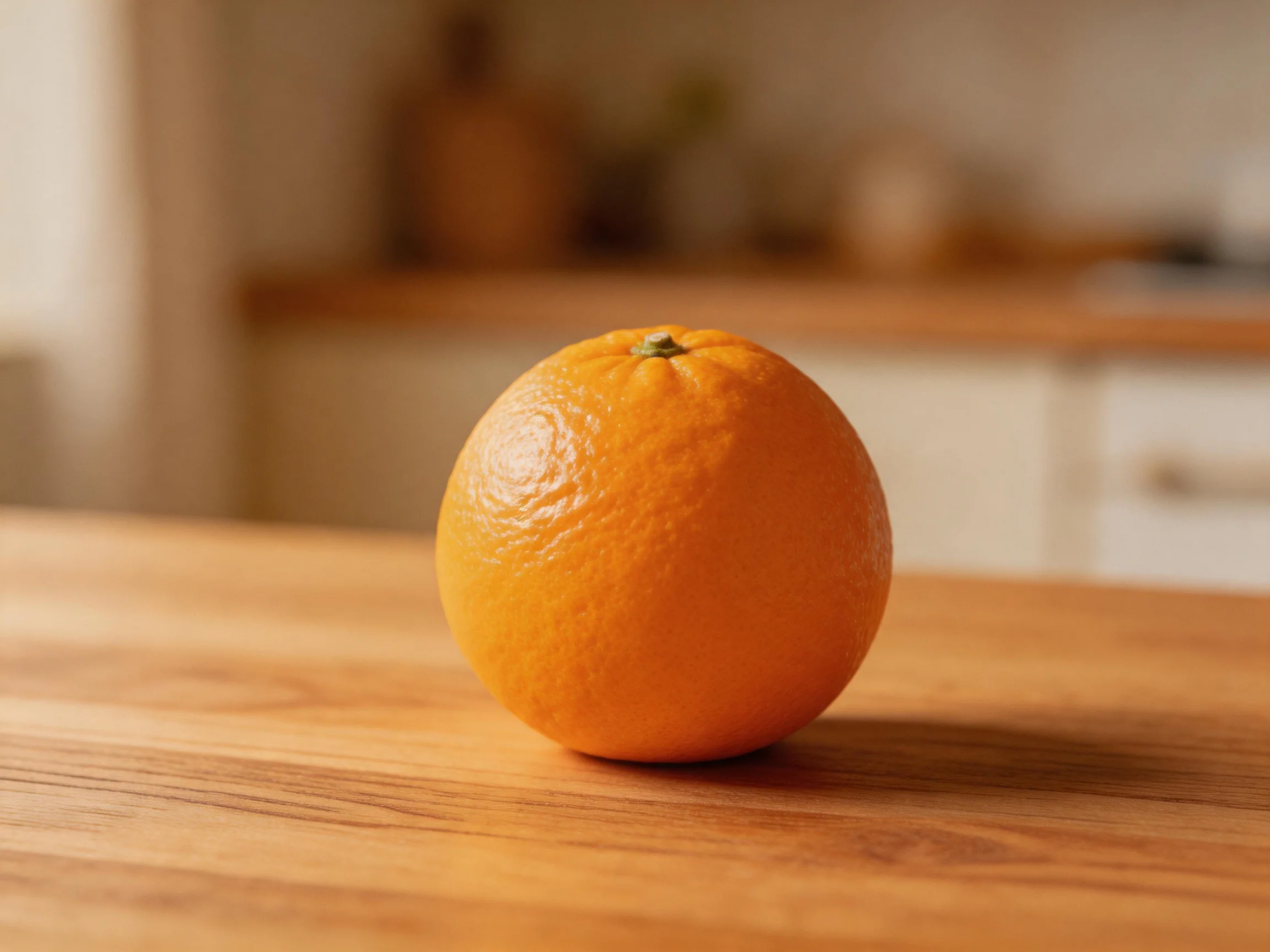 A vibrant orange sits atop a smooth wooden table in a softly lit kitchen