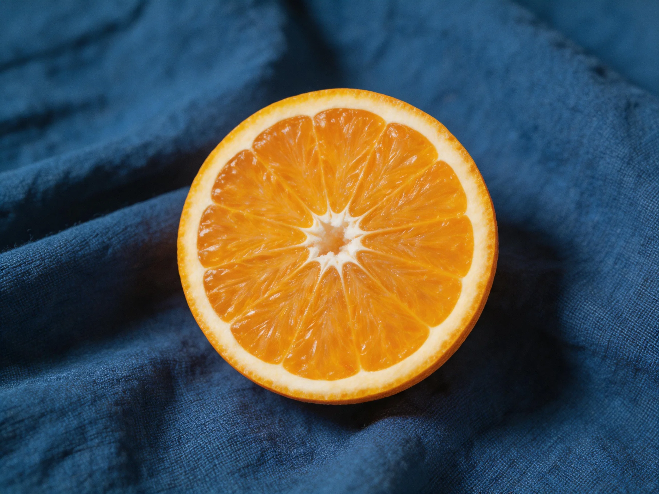 A vibrant orange slice rests on a deep blue textured fabric