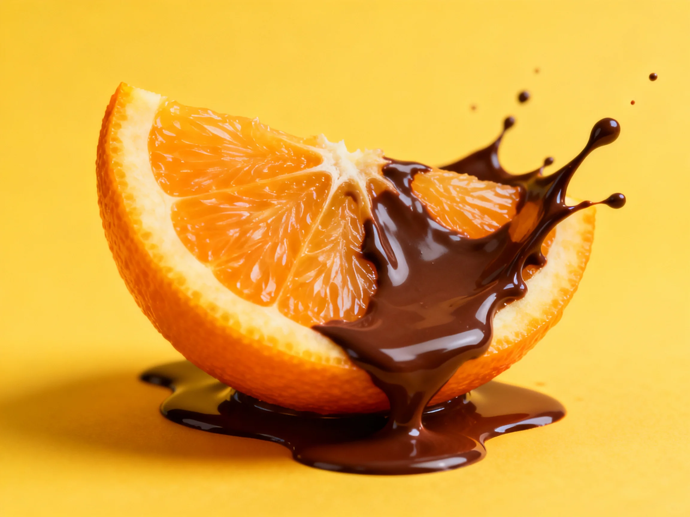 A vibrant orange slice splashed with glossy dark chocolate