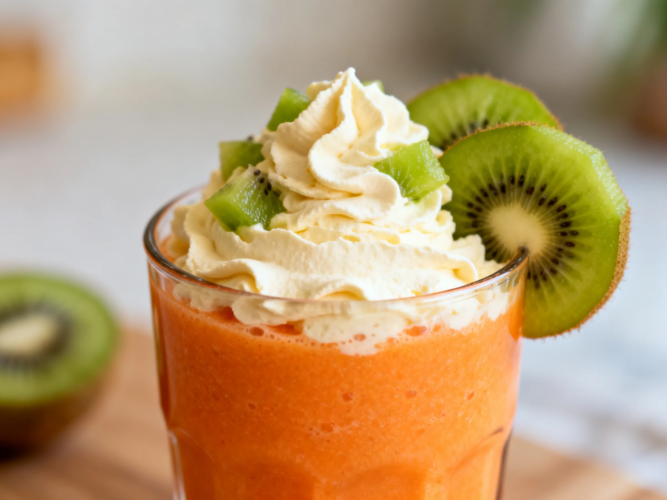 A vibrant orange smoothie topped with whipped cream and fresh kiwi slices