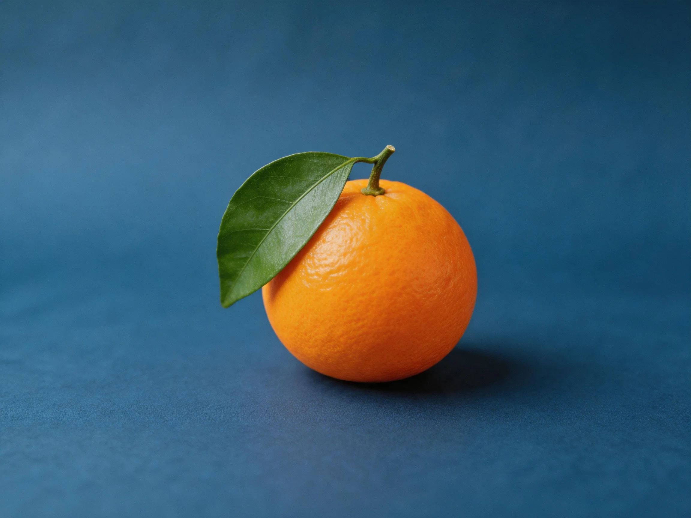 A vibrant orange with green leaf on deep blue surface